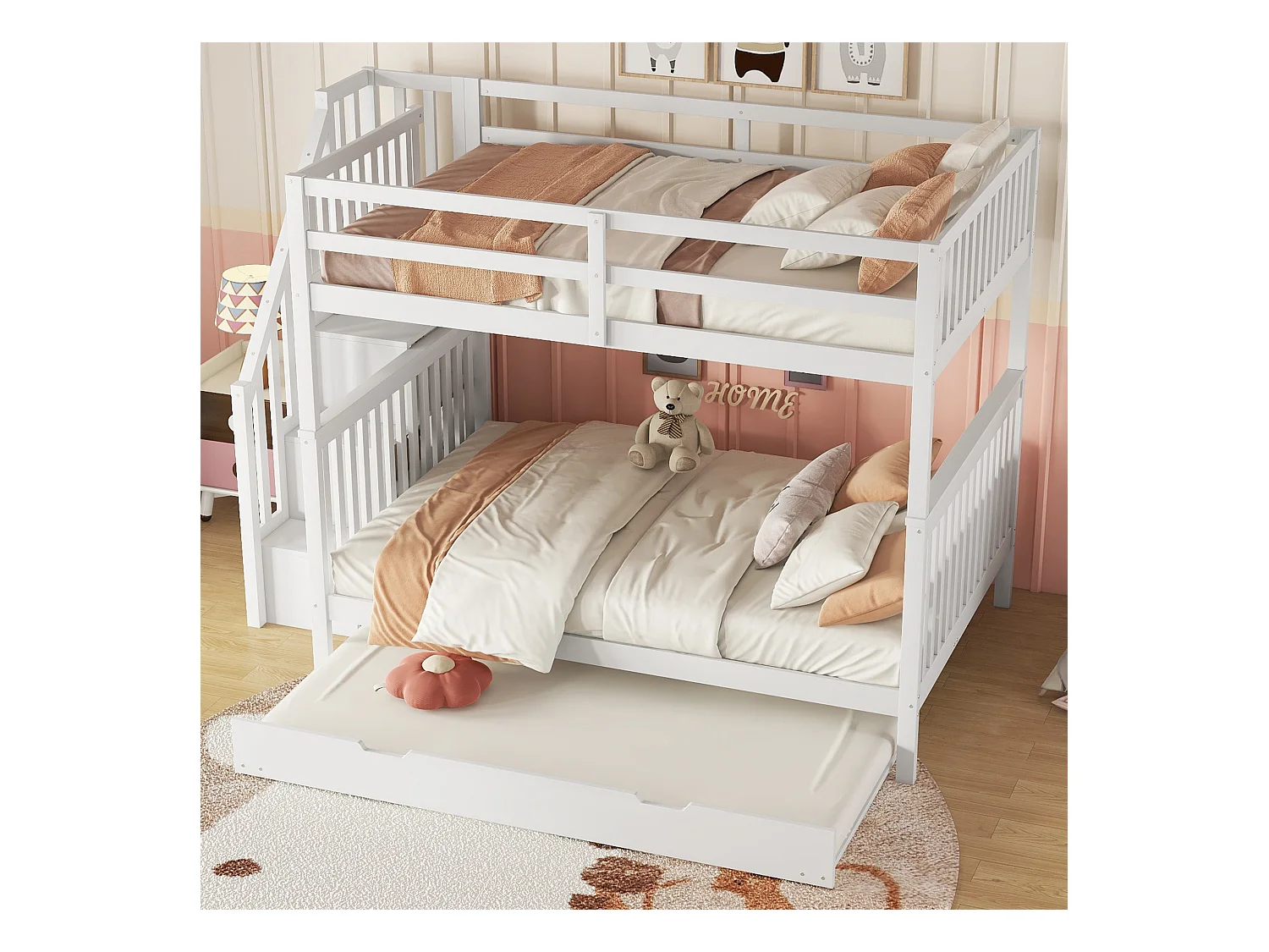 Lit superposé 140x200cm avec lit gigogne, étagères escalier, barrières hautes, pin massif, blanc (240x147x160.5 cm)