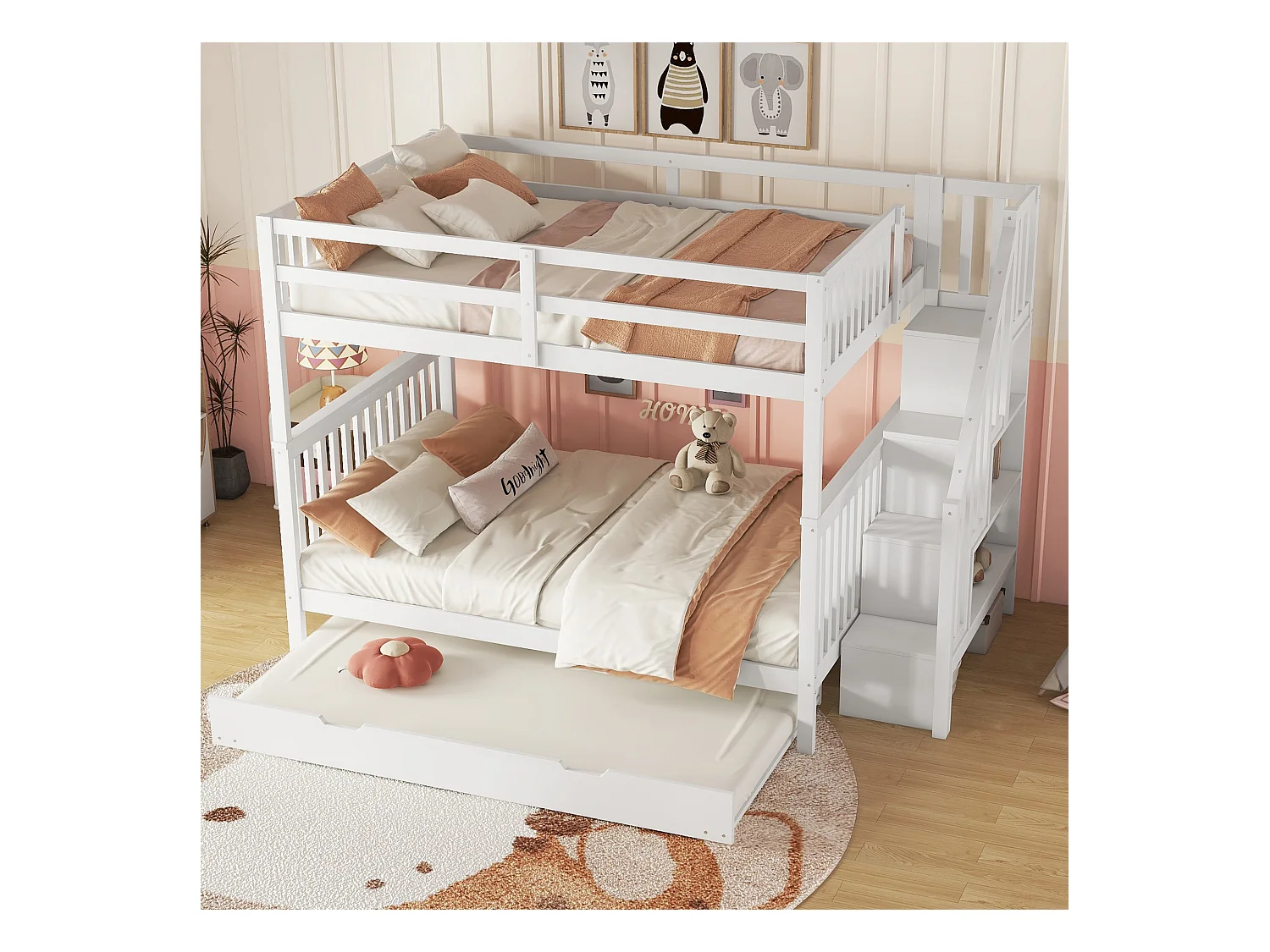 Lit superposé 140x200cm avec lit gigogne, étagères escalier, barrières hautes, pin massif, blanc (240x147x160.5 cm)