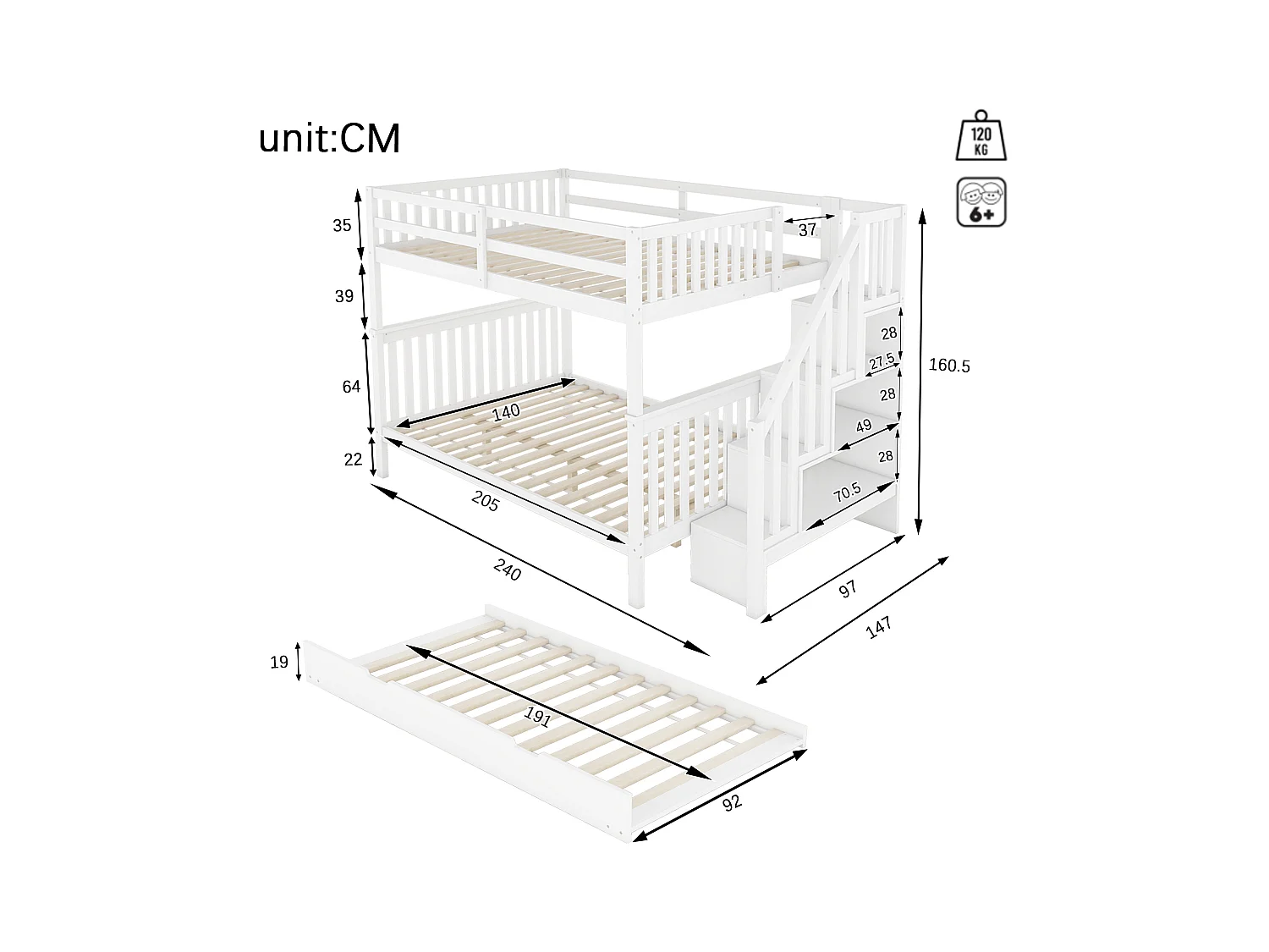 Lit superposé 140x200cm avec lit gigogne, étagères escalier, barrières hautes, pin massif, blanc (240x147x160.5 cm)