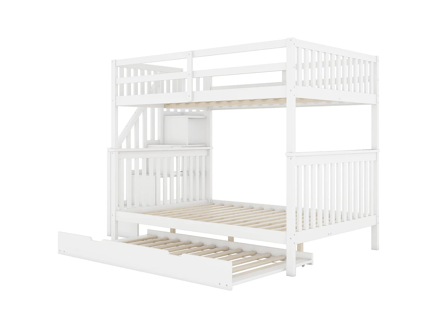 Lit superposé 140x200cm avec lit gigogne, étagères escalier, barrières hautes, pin massif, blanc (240x147x160.5 cm)