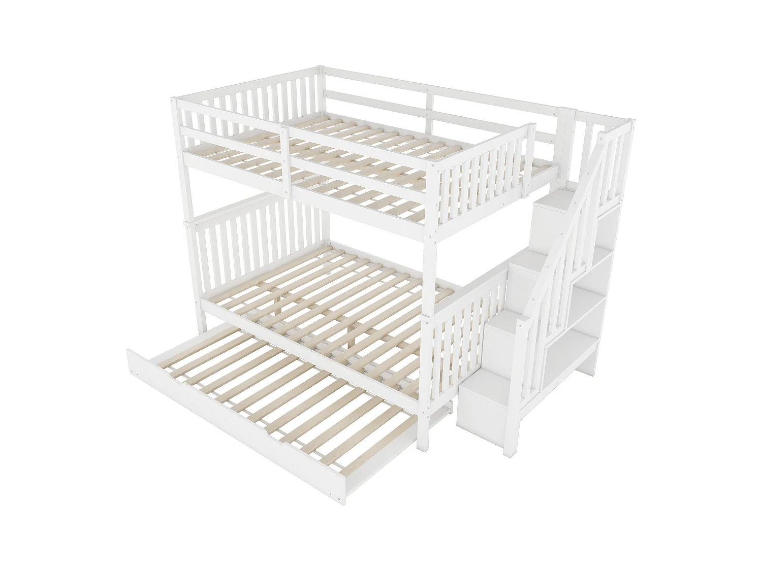 Lit superposé 140x200cm avec lit gigogne, étagères escalier, barrières hautes, pin massif, blanc (240x147x160.5 cm)