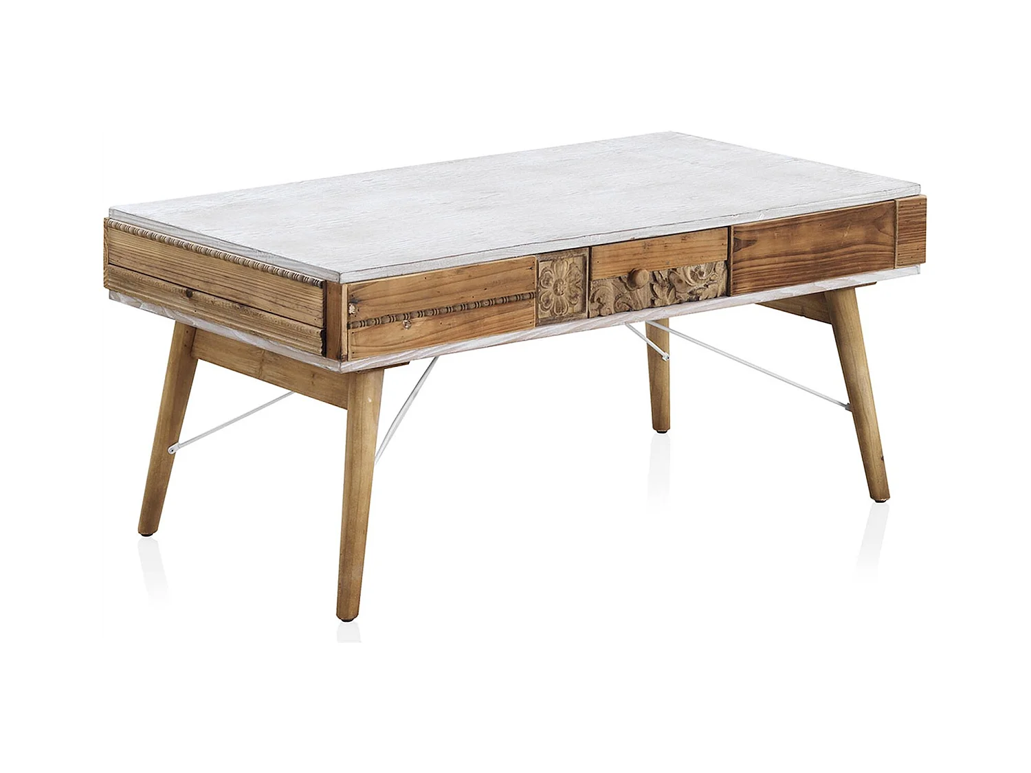 Table basse blanche et bois naturel sculpté ambiance vintage