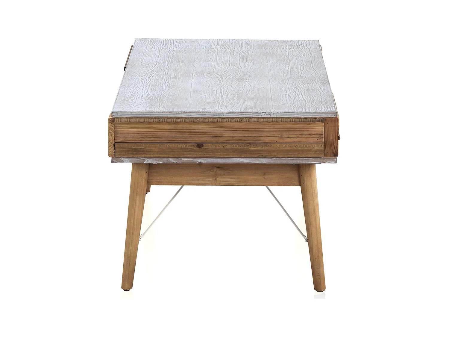 Table basse blanche et bois naturel sculpté ambiance vintage