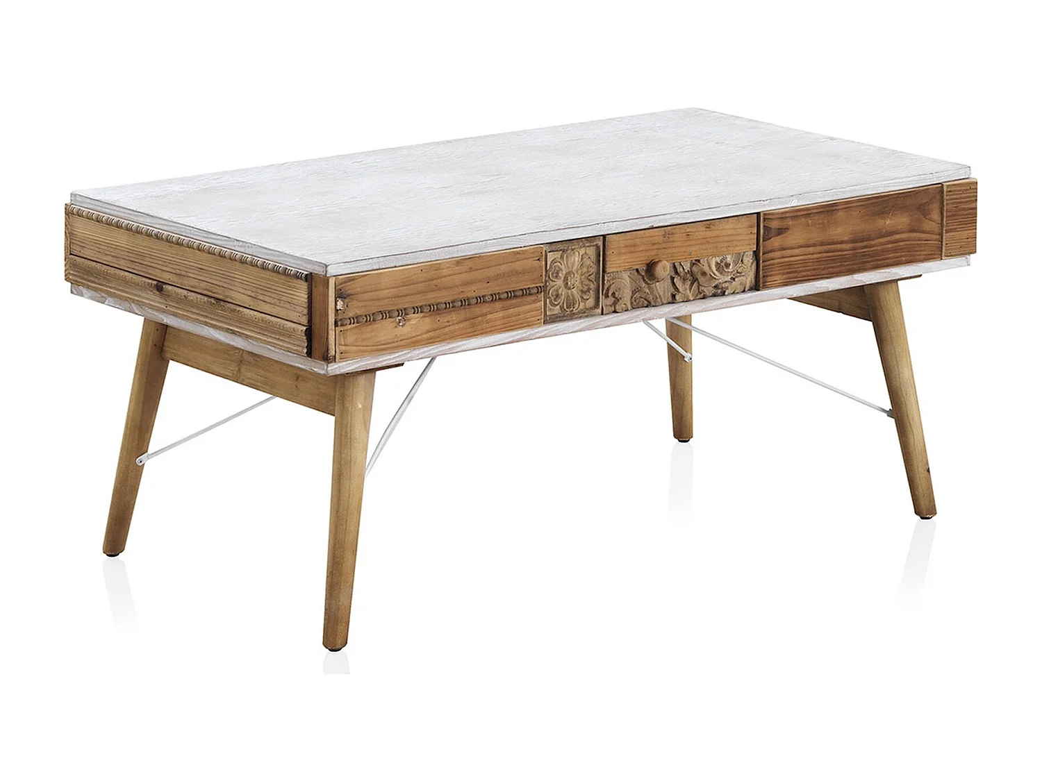 Table basse blanche et bois naturel sculpté ambiance vintage