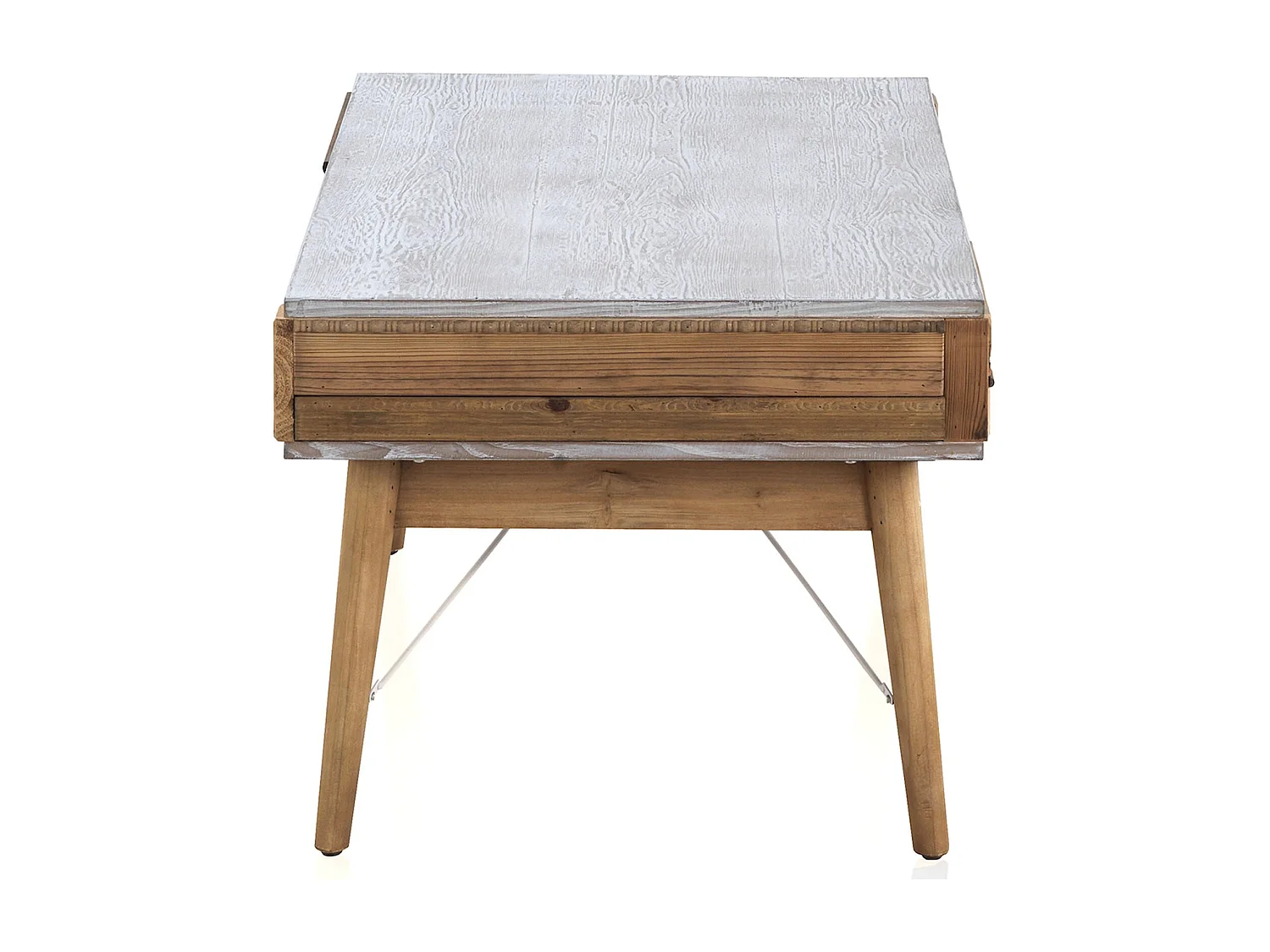 Table basse blanche et bois naturel sculpté ambiance vintage