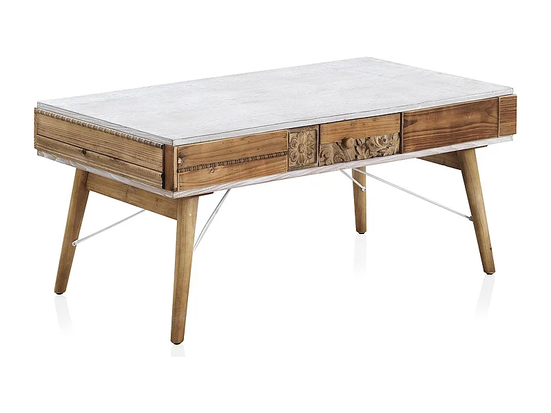 Table basse blanche et bois naturel sculpté ambiance vintage