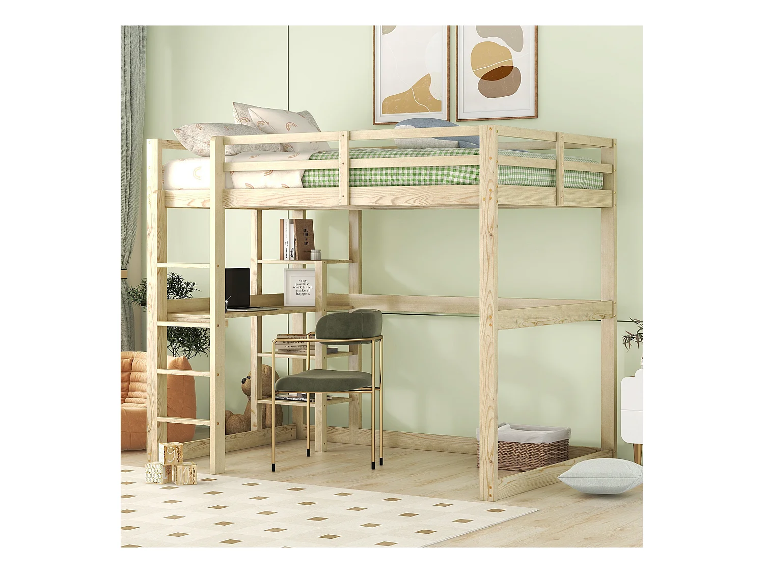 Lit superposé pour enfants, 140x200 cm, cadre en pin, 4 étagères de rangement et bureau sous le lit, naturel (206x150x185 cm)