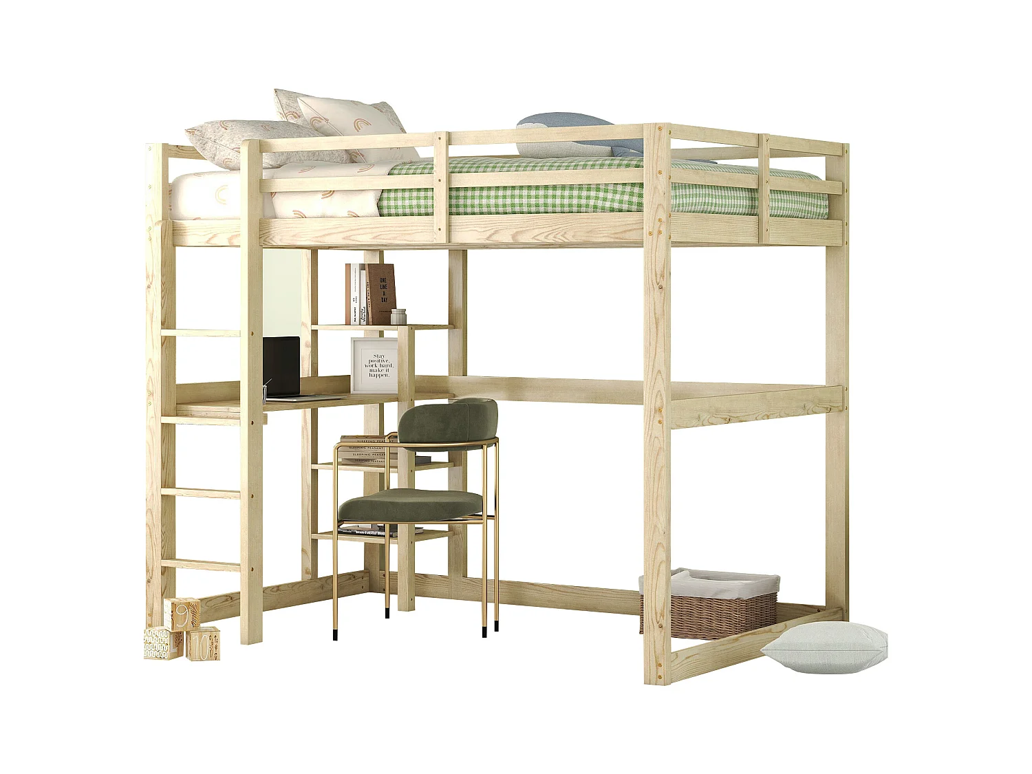 Lit superposé pour enfants, 140x200 cm, cadre en pin, 4 étagères de rangement et bureau sous le lit, naturel (206x150x185 cm)