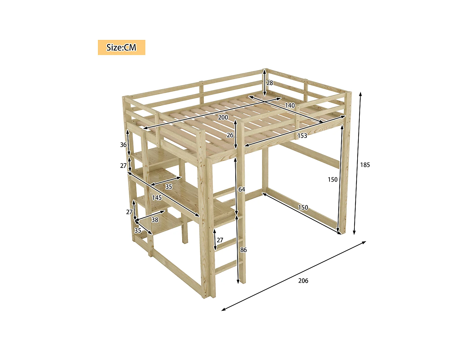 Lit superposé pour enfants, 140x200 cm, cadre en pin, 4 étagères de rangement et bureau sous le lit, naturel (206x150x185 cm)