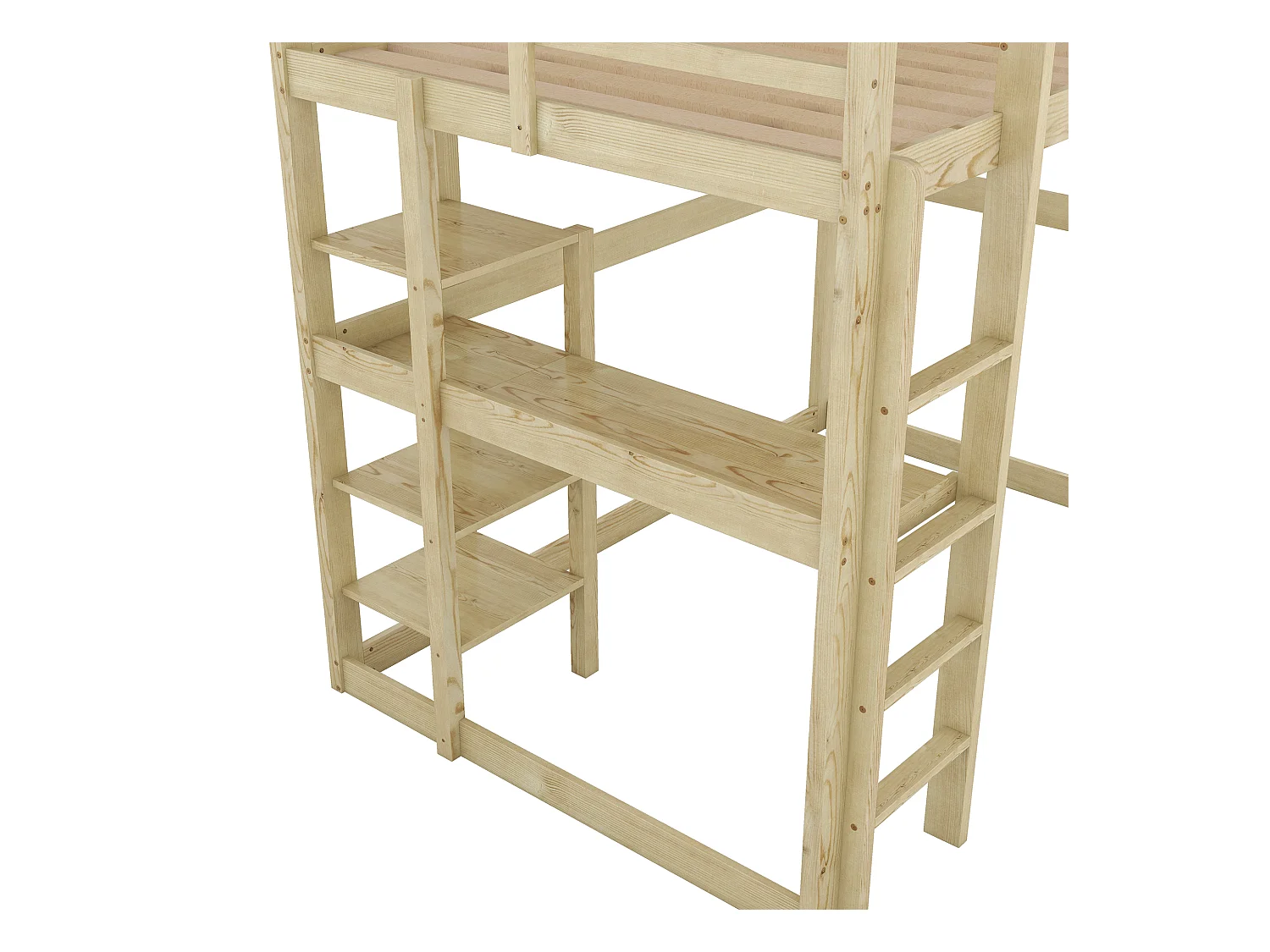 Lit superposé pour enfants, 140x200 cm, cadre en pin, 4 étagères de rangement et bureau sous le lit, naturel (206x150x185 cm)
