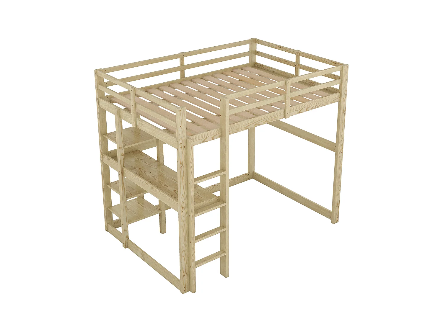 Lit superposé pour enfants, 140x200 cm, cadre en pin, 4 étagères de rangement et bureau sous le lit, naturel (206x150x185 cm)