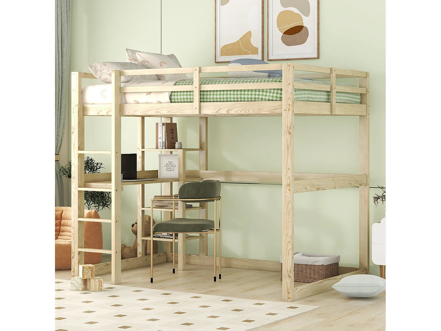 Letto a castello per bambini, 140x200 cm, struttura in pino, 4 ripiani portaoggetti e scrivania sottoletto, naturale (206x150x185 cm)