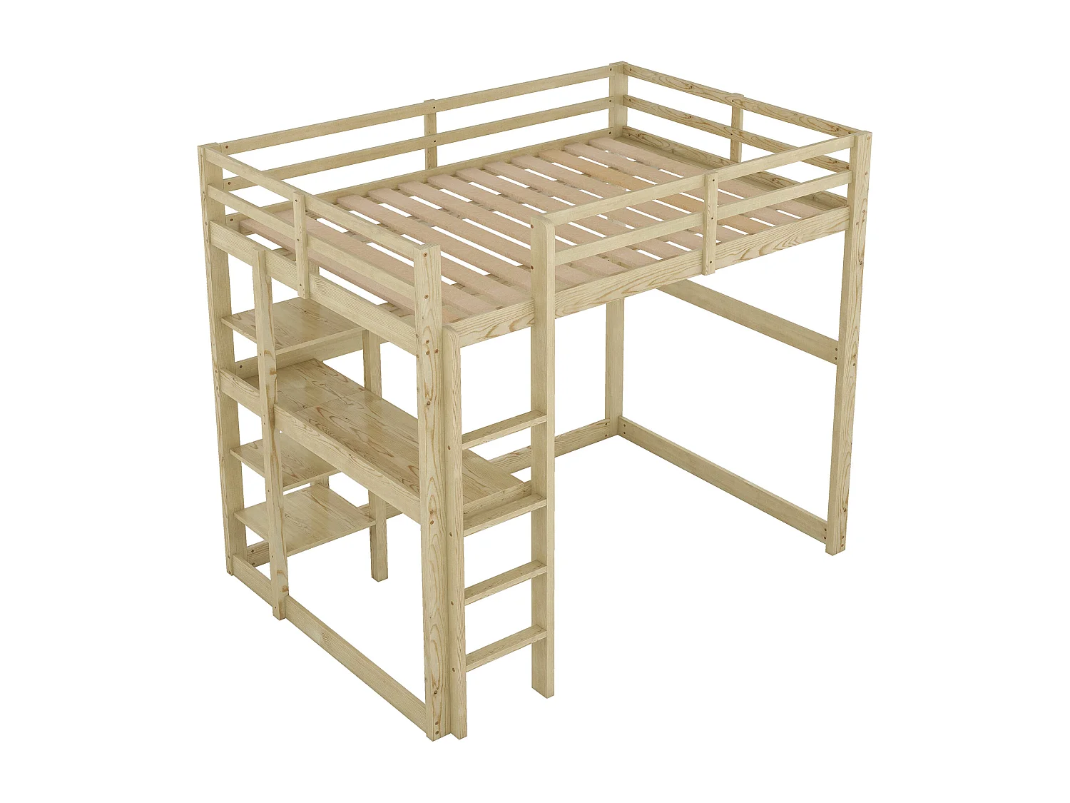 Letto a castello per bambini, 140x200 cm, struttura in pino, 4 ripiani portaoggetti e scrivania sottoletto, naturale (206x150x185 cm)