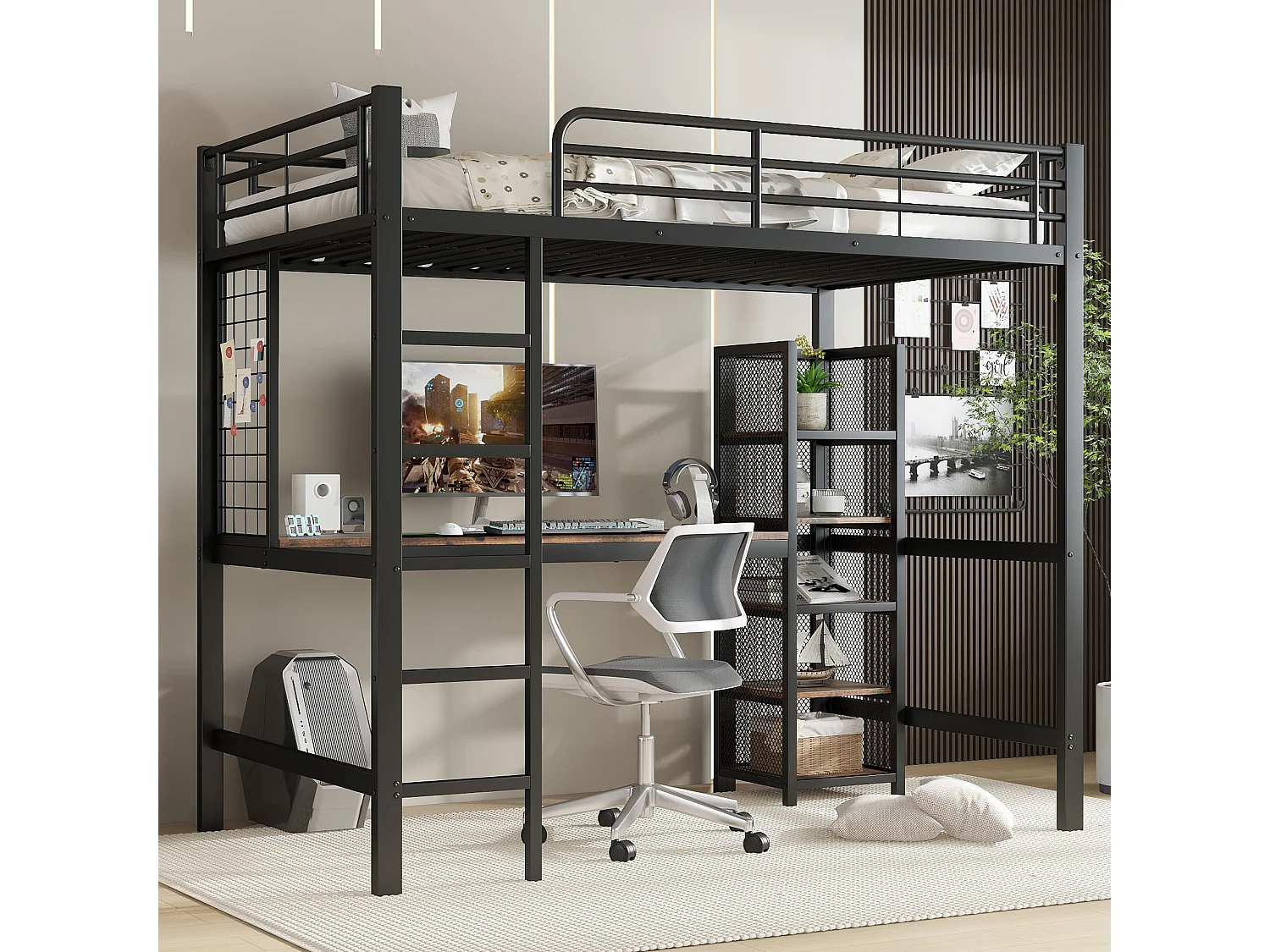 Lit superposé avec étagères, bureau et rideau, cadre en métal et MDF, Noir + Bois foncé (204x95x230 cm)