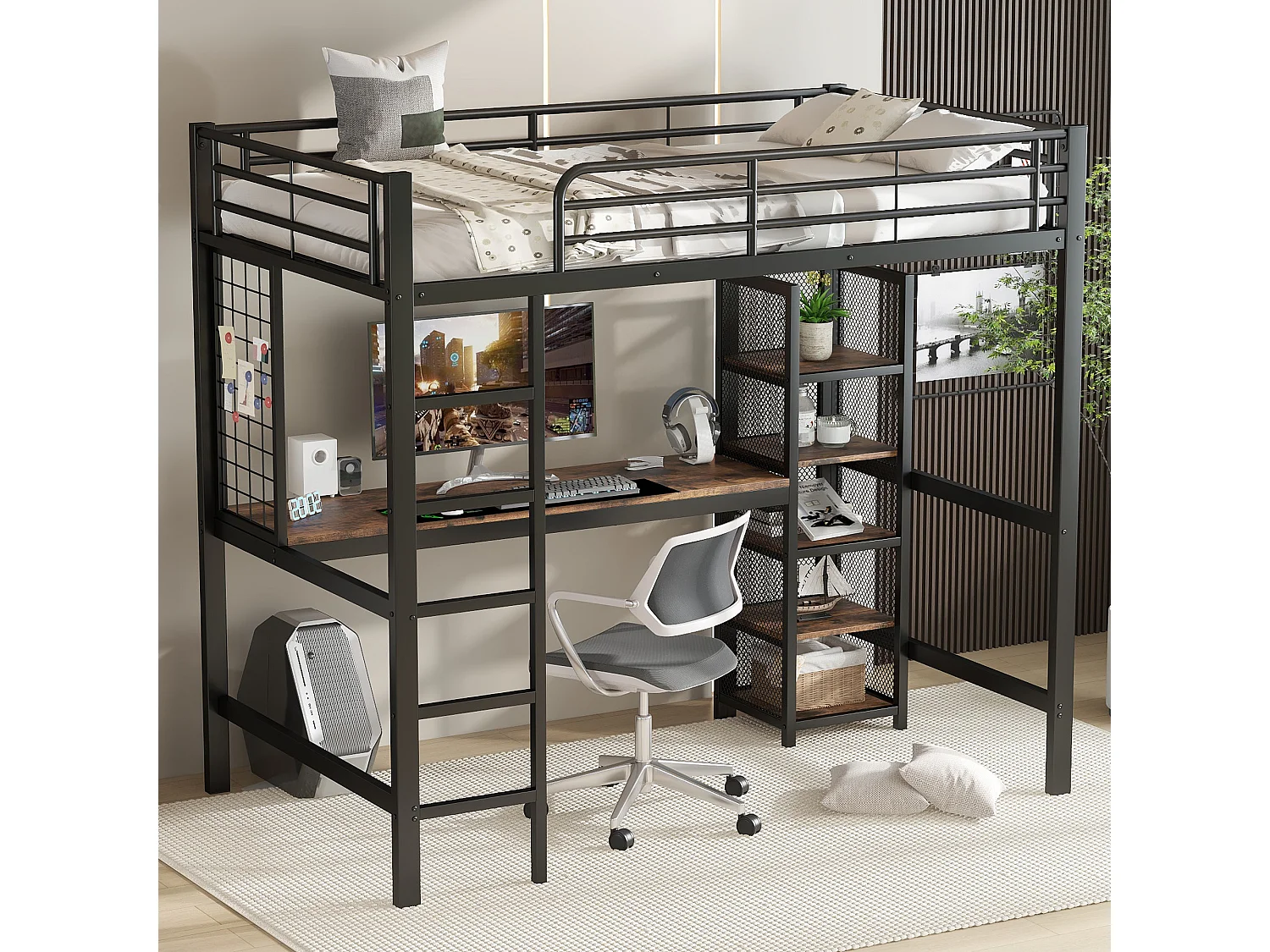 Lit superposé avec étagères, bureau et rideau, cadre en métal et MDF, Noir + Bois foncé (204x95x230 cm)