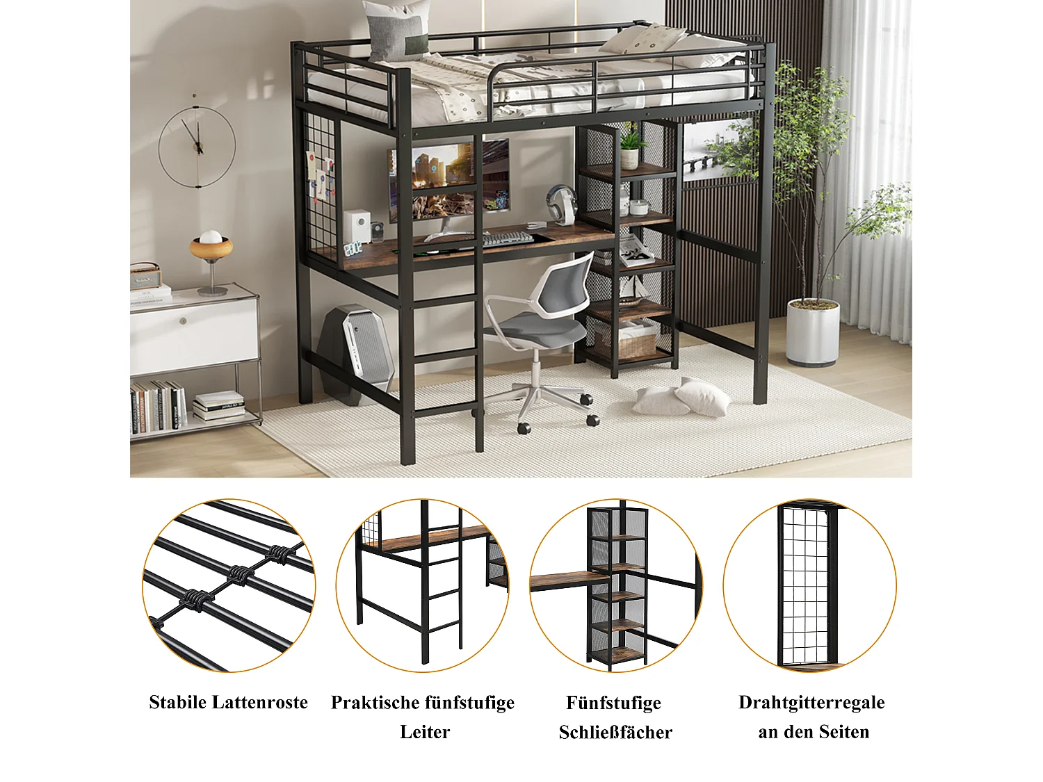 Lit superposé avec étagères, bureau et rideau, cadre en métal et MDF, Noir + Bois foncé (204x95x230 cm)