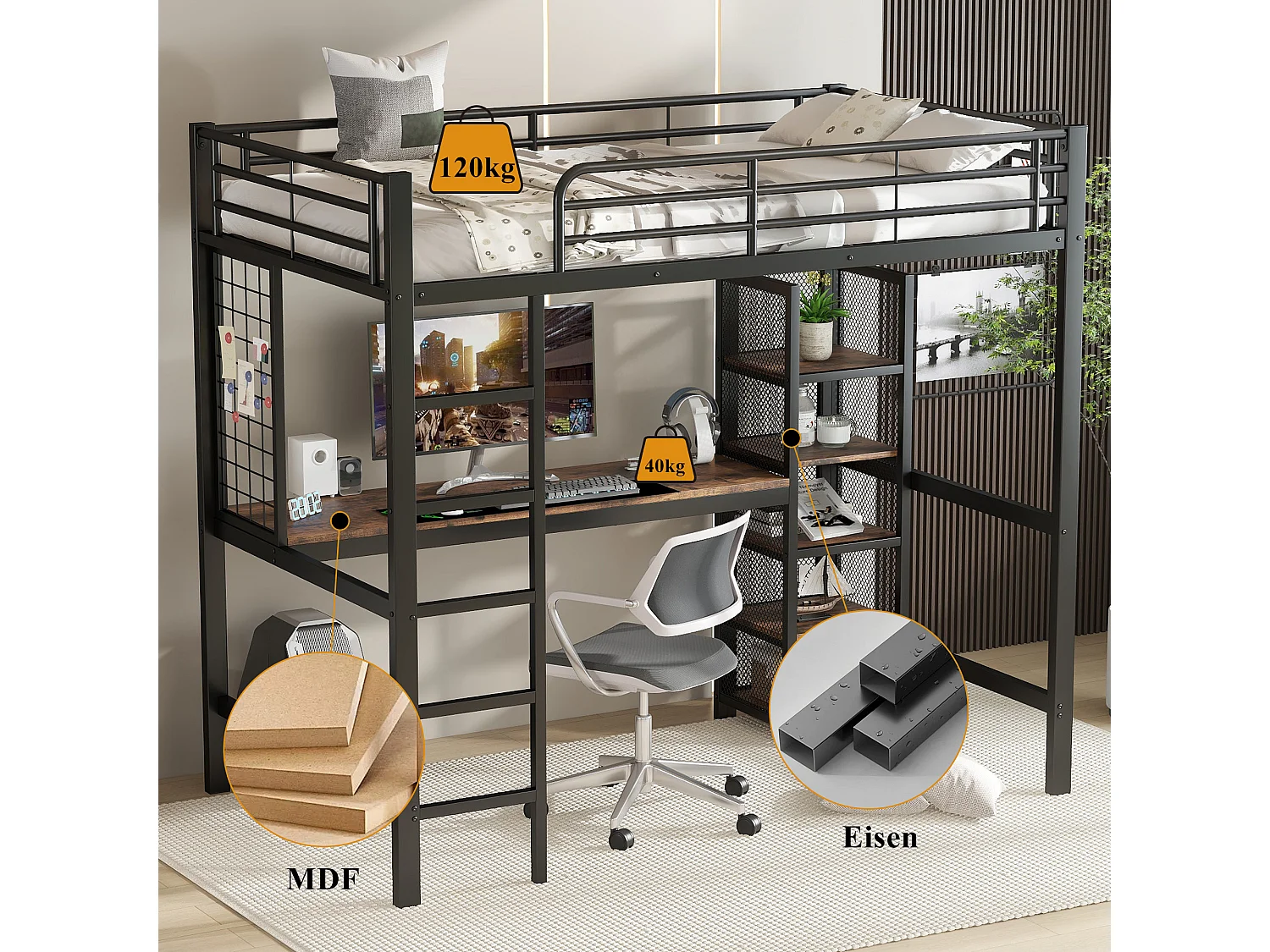 Lit superposé avec étagères, bureau et rideau, cadre en métal et MDF, Noir + Bois foncé (204x95x230 cm)