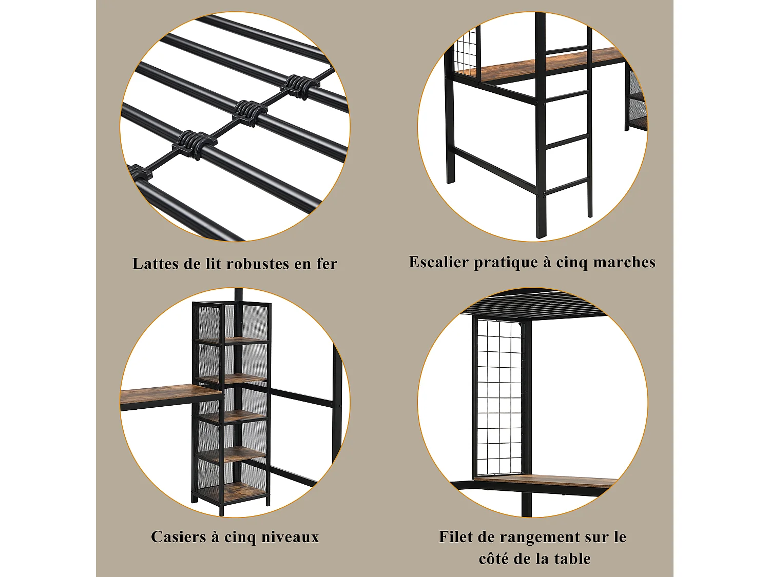 Lit superposé avec étagères, bureau et rideau, cadre en métal et MDF, Noir + Bois foncé (204x95x230 cm)