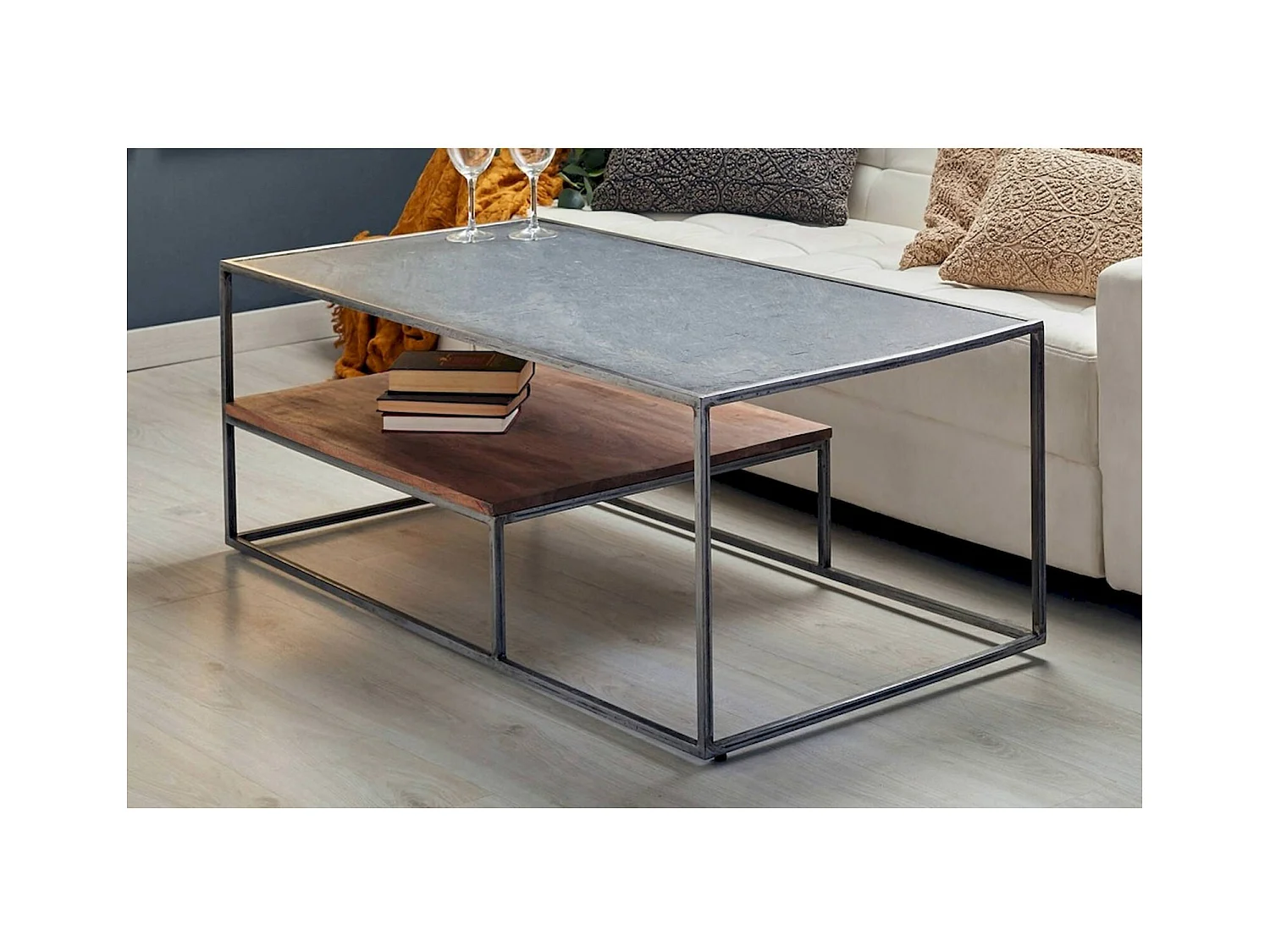 Table basse design bois acacia métal et pierre naturelle