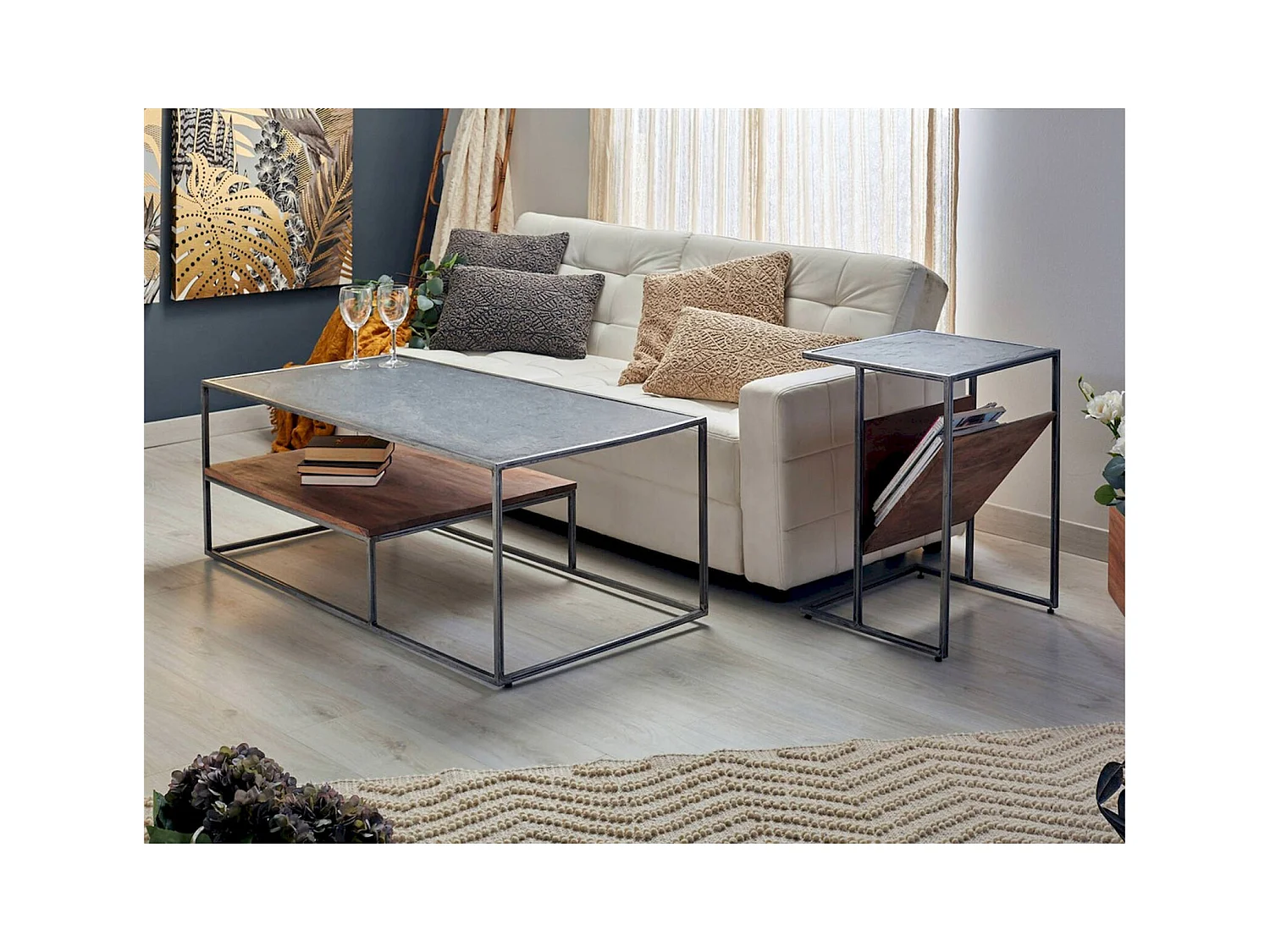 Table basse design bois acacia métal et pierre naturelle