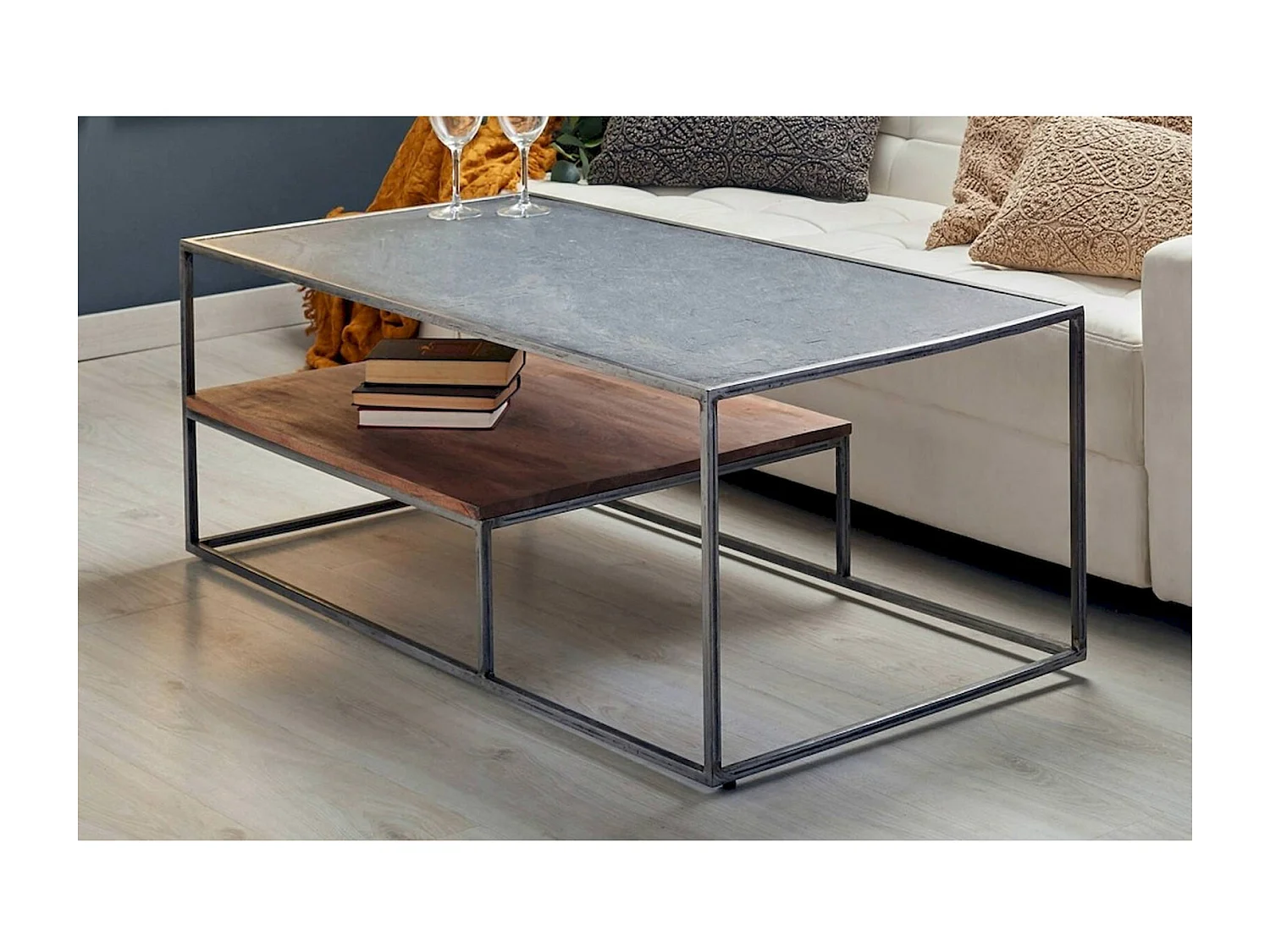 Table basse design bois acacia métal et pierre naturelle