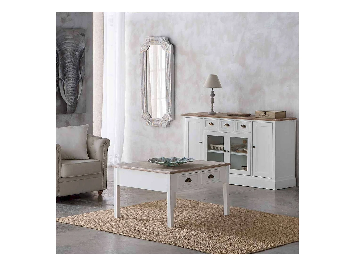 table basse blanche en bois avec tiroirs ambiance élégante
