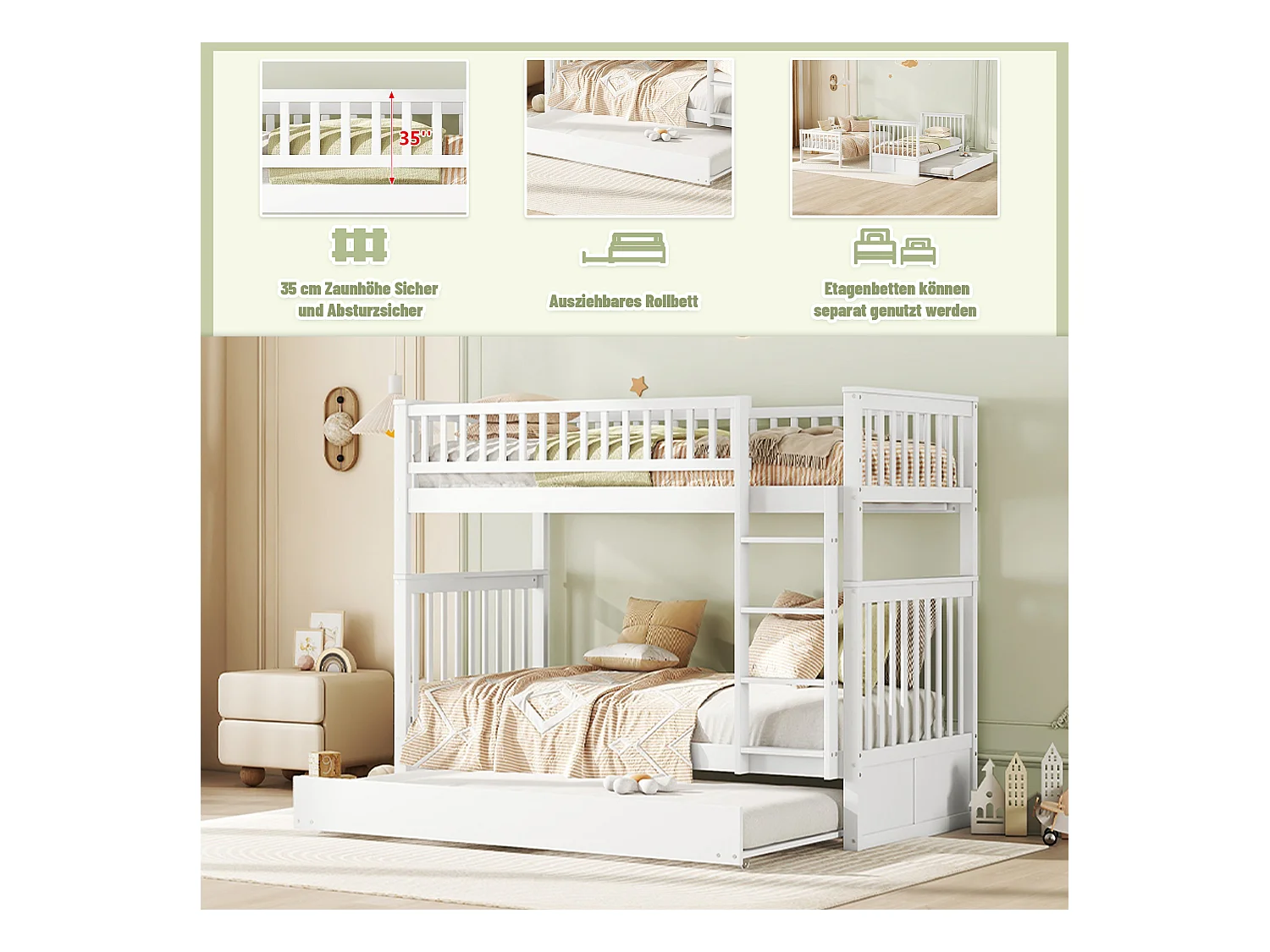 Letto a castello 90x200cm con letto estraibile, sponda alta, scala stabile, spazio contenitore, bianco (205x95x160 cm)