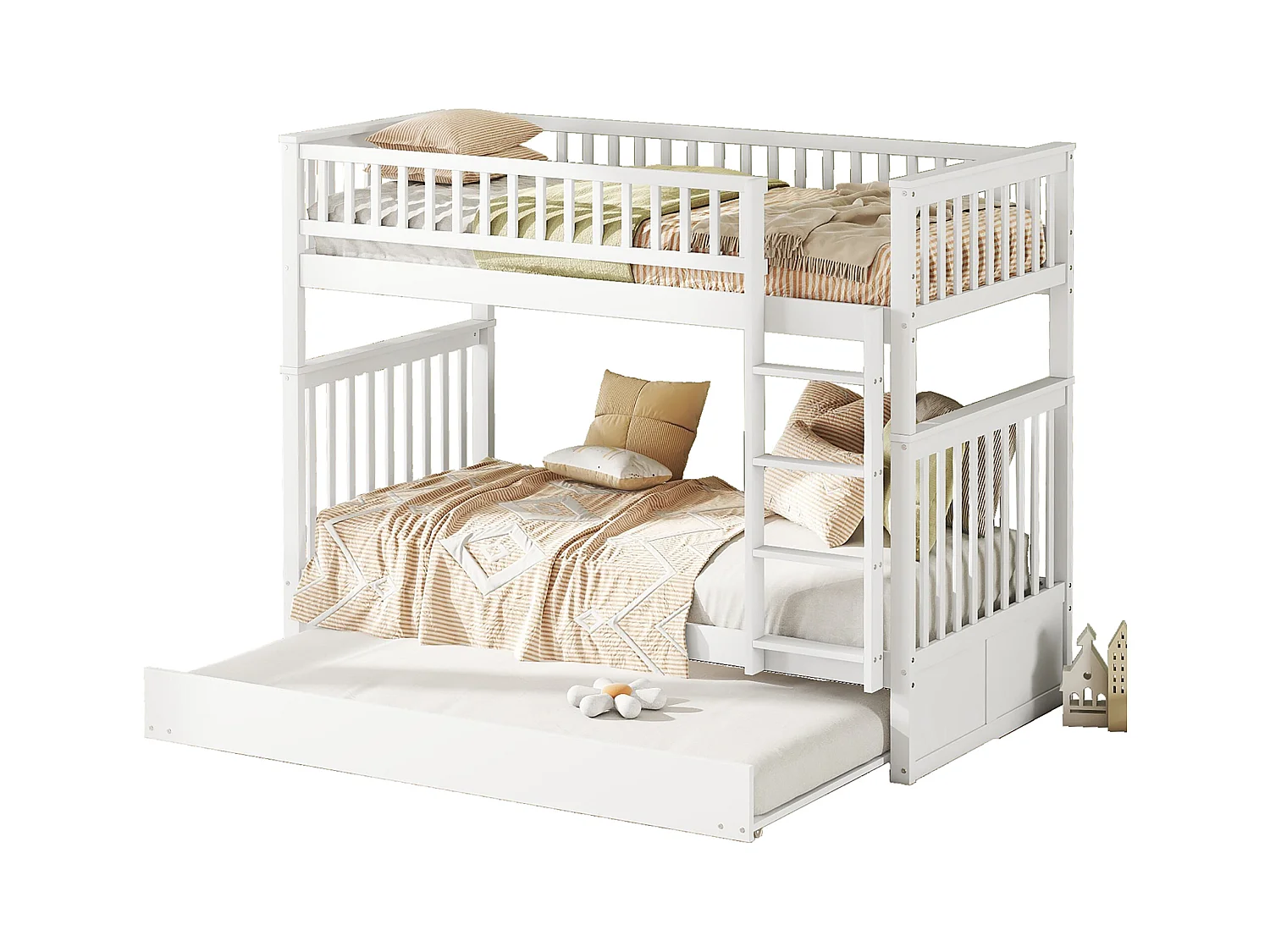 Letto a castello 90x200cm con letto estraibile, sponda alta, scala stabile, spazio contenitore, bianco (205x95x160 cm)