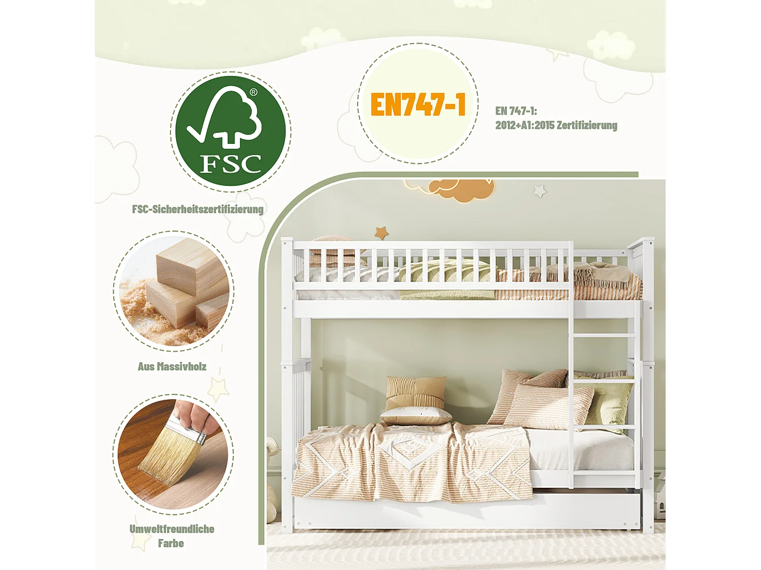 Litera de 90 x 200 cm con cama nido, barandilla alta, escalera estable, espacio de almacenamiento, color blanco (205 x 95 x 160 cm)