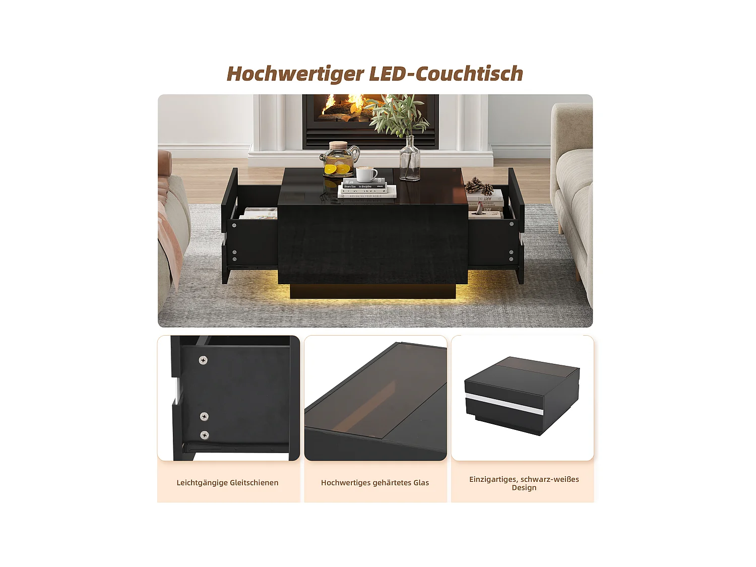 Glänzender Couchtisch - 70 x 70 x 36 cm - mit LEDs + 2 Schubladen - Spanplatte + Hartglas - Schwarz