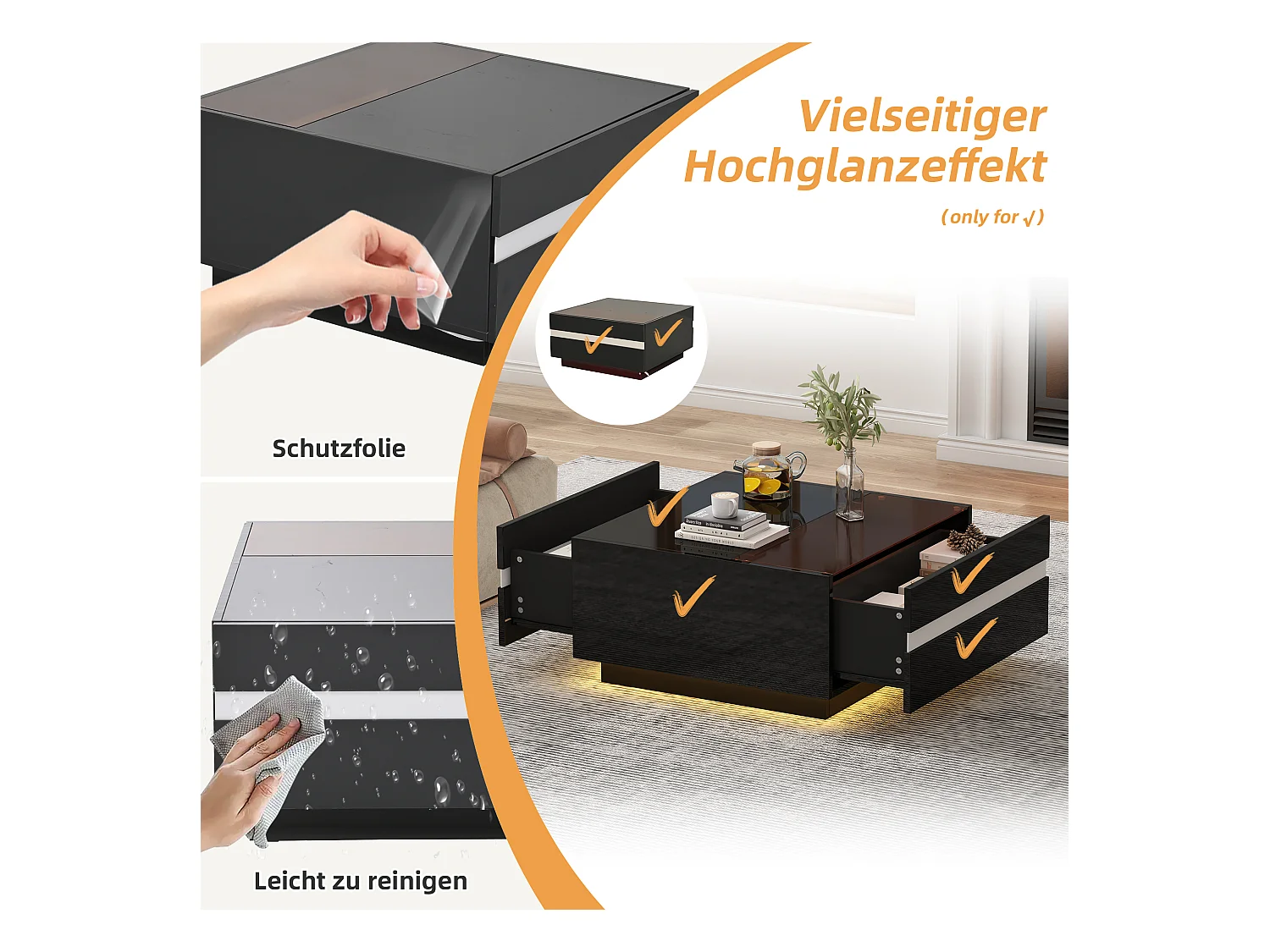 Glänzender Couchtisch - 70 x 70 x 36 cm - mit LEDs + 2 Schubladen - Spanplatte + Hartglas - Schwarz