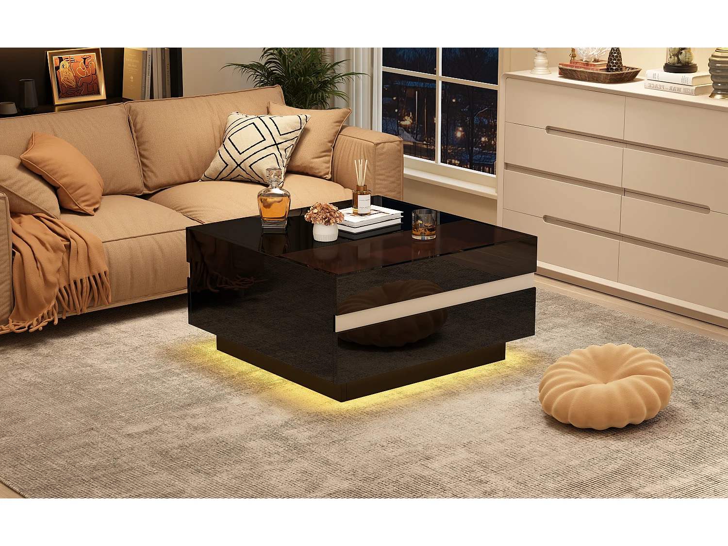 Table basse brillante - 70 x 70 x 36 cm - avec Leds + 2 tiroirs - Aggloméré + verre trempé - noir