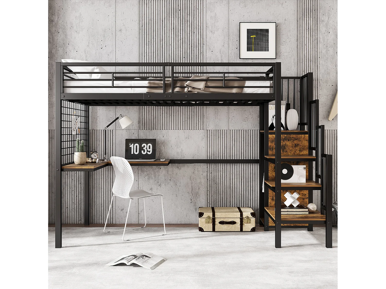 Lit superposé en métal avec table et armoire, échelle latérale, design moderne, métal + MDF, blanc et bois foncé, 90x200 cm