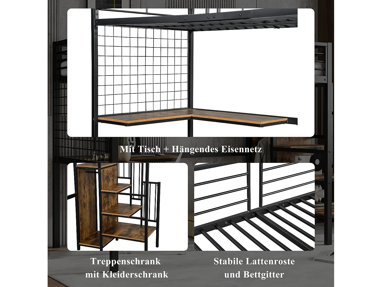 Lit superposé en métal avec table et armoire, échelle latérale, design moderne, métal + MDF, blanc et bois foncé, 90x200 cm