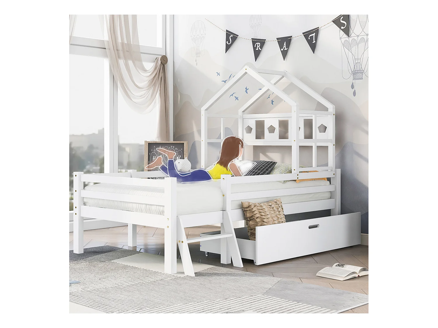 Lit mezzanine pour enfants avec échelle et tiroirs, lit en bois massif avec protection contre les chutes, 90x200 cm, blanc (dimensions : 207x97x159 cm)