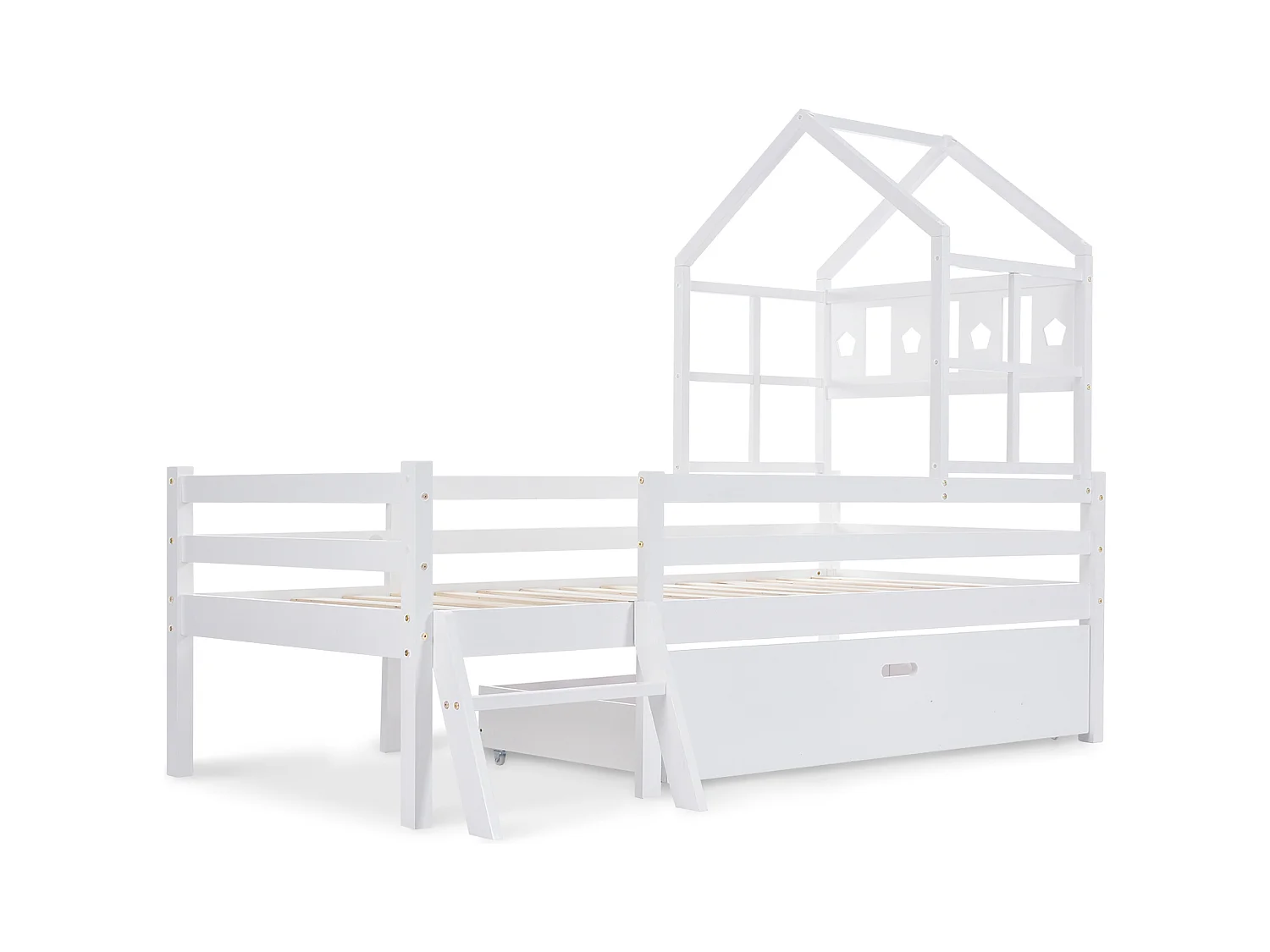 Lit mezzanine pour enfants avec échelle et tiroirs, lit en bois massif avec protection contre les chutes, 90x200 cm, blanc (dimensions : 207x97x159 cm)