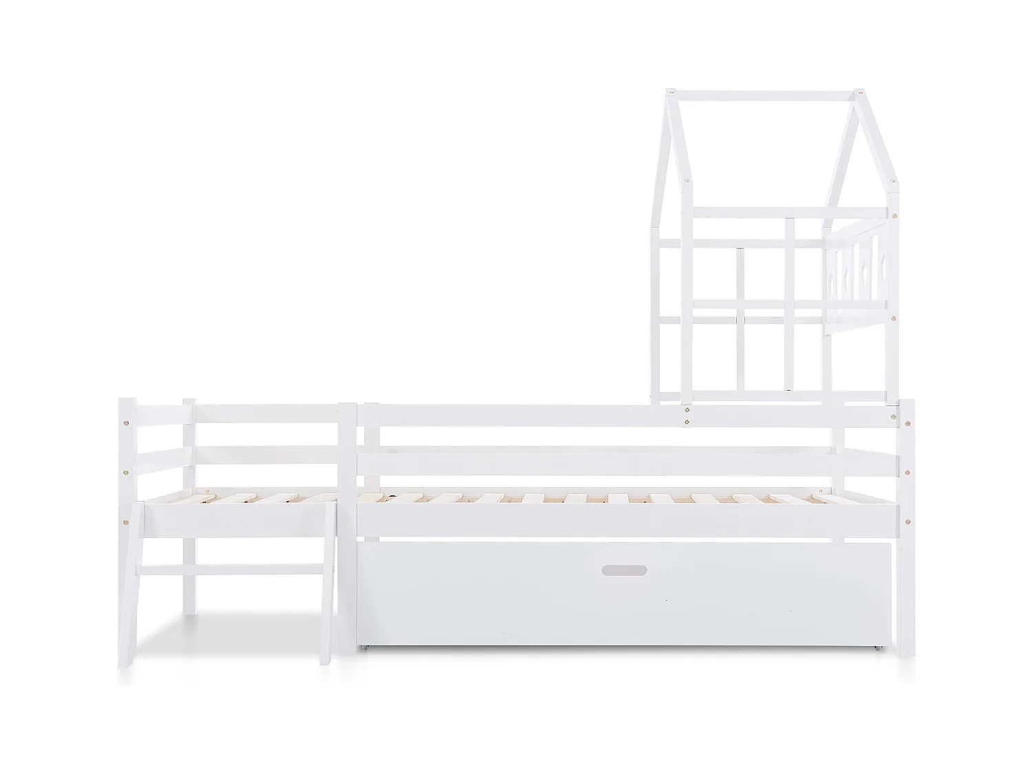 Lit mezzanine pour enfants avec échelle et tiroirs, lit en bois massif avec protection contre les chutes, 90x200 cm, blanc (dimensions : 207x97x159 cm)