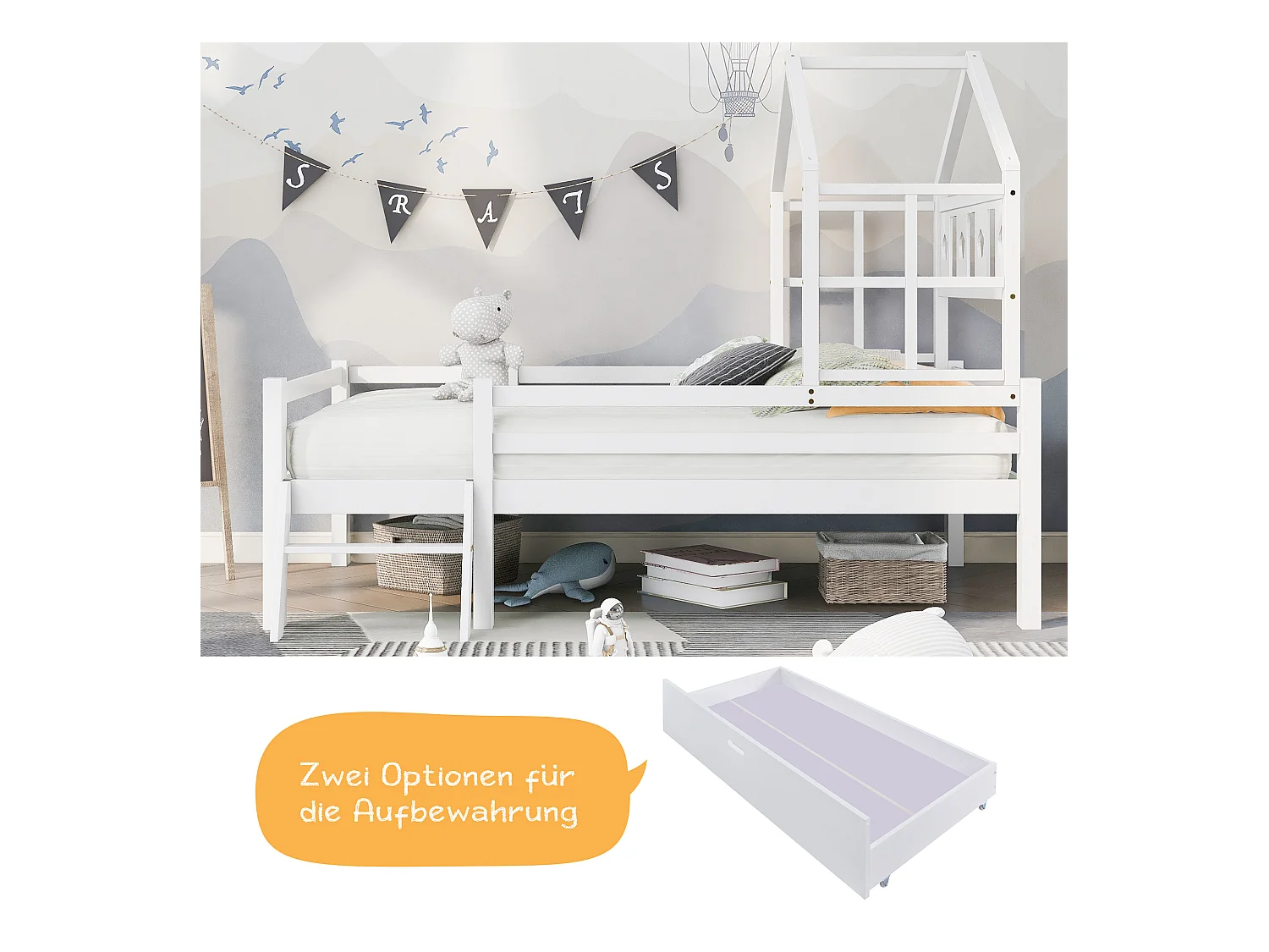 Lit mezzanine pour enfants avec échelle et tiroirs, lit en bois massif avec protection contre les chutes, 90x200 cm, blanc (dimensions : 207x97x159 cm)