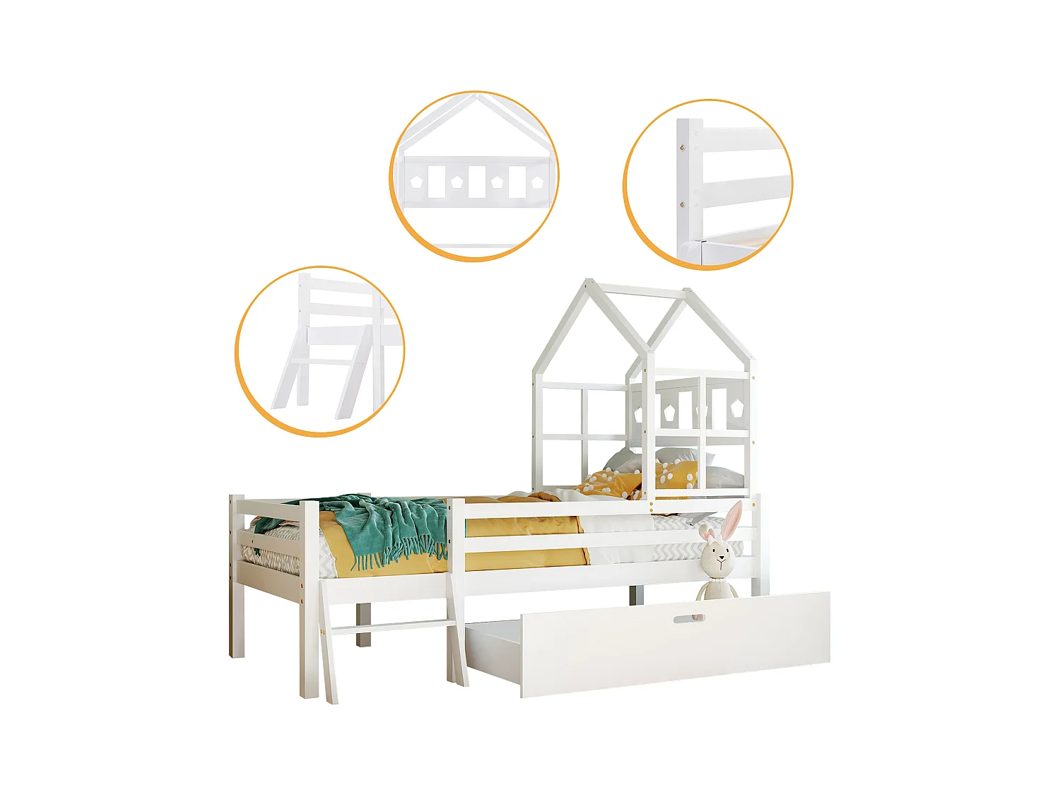 Lit mezzanine pour enfants avec échelle et tiroirs, lit en bois massif avec protection contre les chutes, 90x200 cm, blanc (dimensions : 207x97x159 cm)
