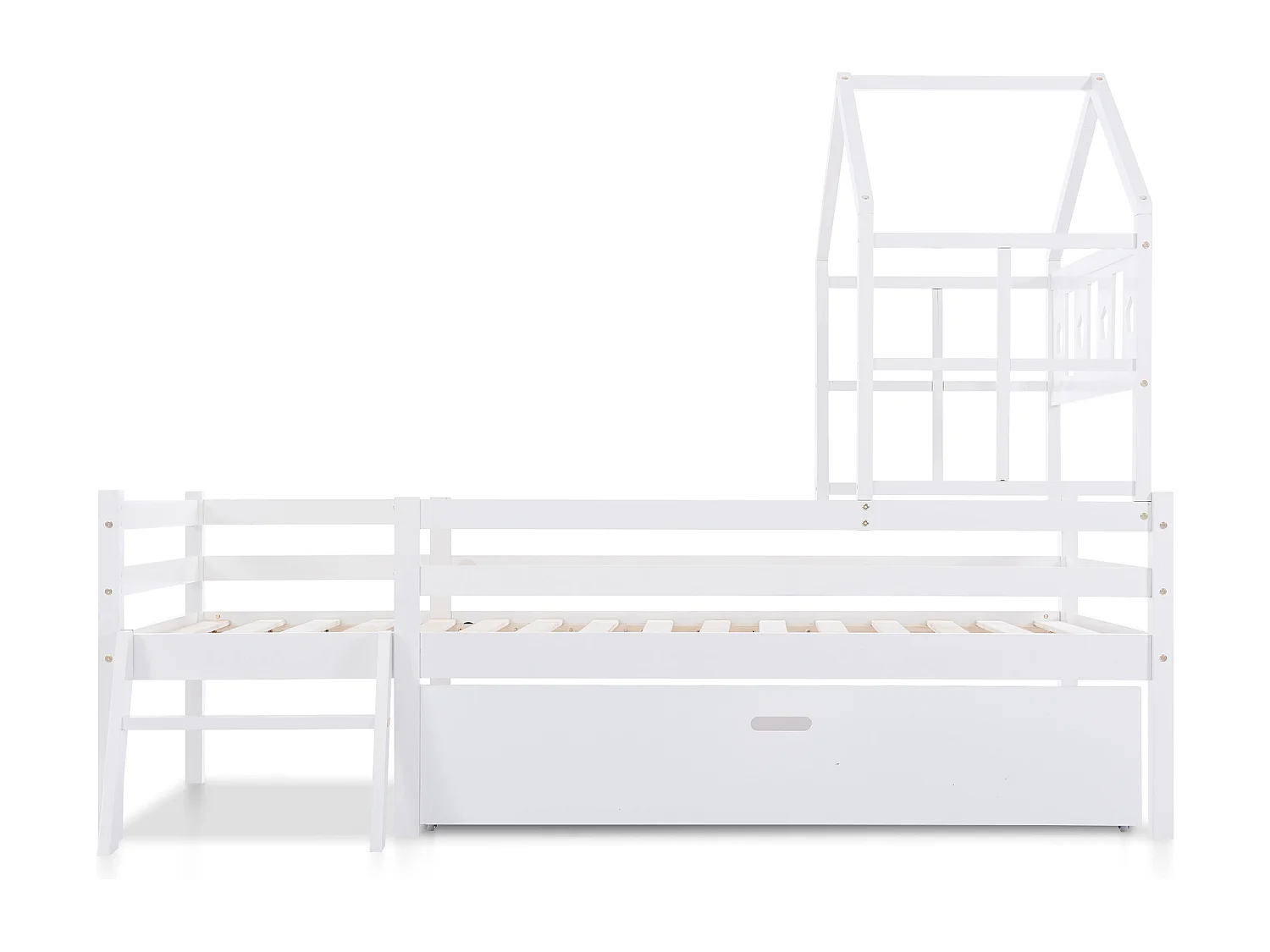 Lit mezzanine pour enfants avec échelle et tiroirs, lit en bois massif avec protection contre les chutes, 90x200 cm, blanc (dimensions : 207x97x159 cm)