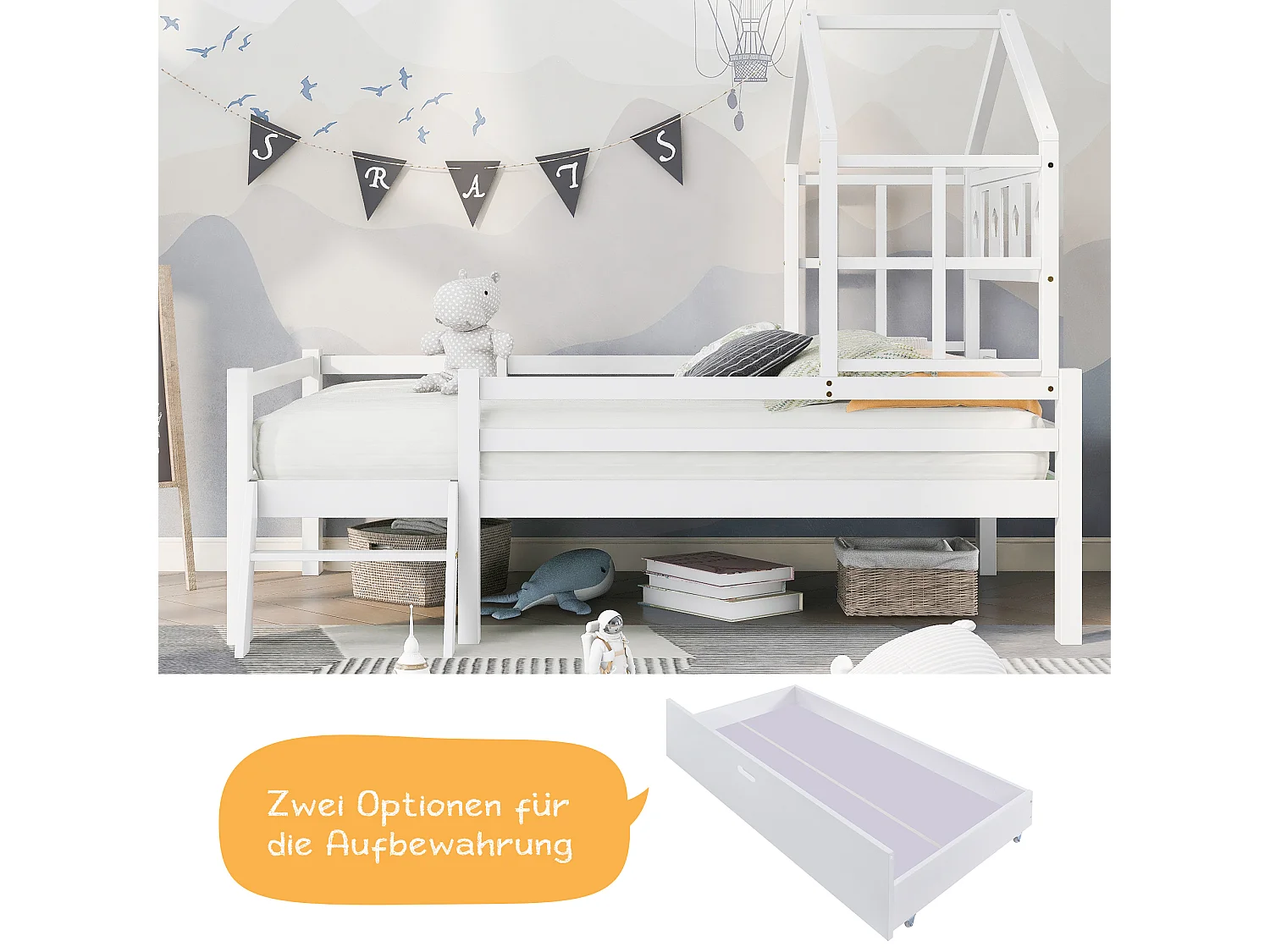 Lit mezzanine pour enfants avec échelle et tiroirs, lit en bois massif avec protection contre les chutes, 90x200 cm, blanc (dimensions : 207x97x159 cm)