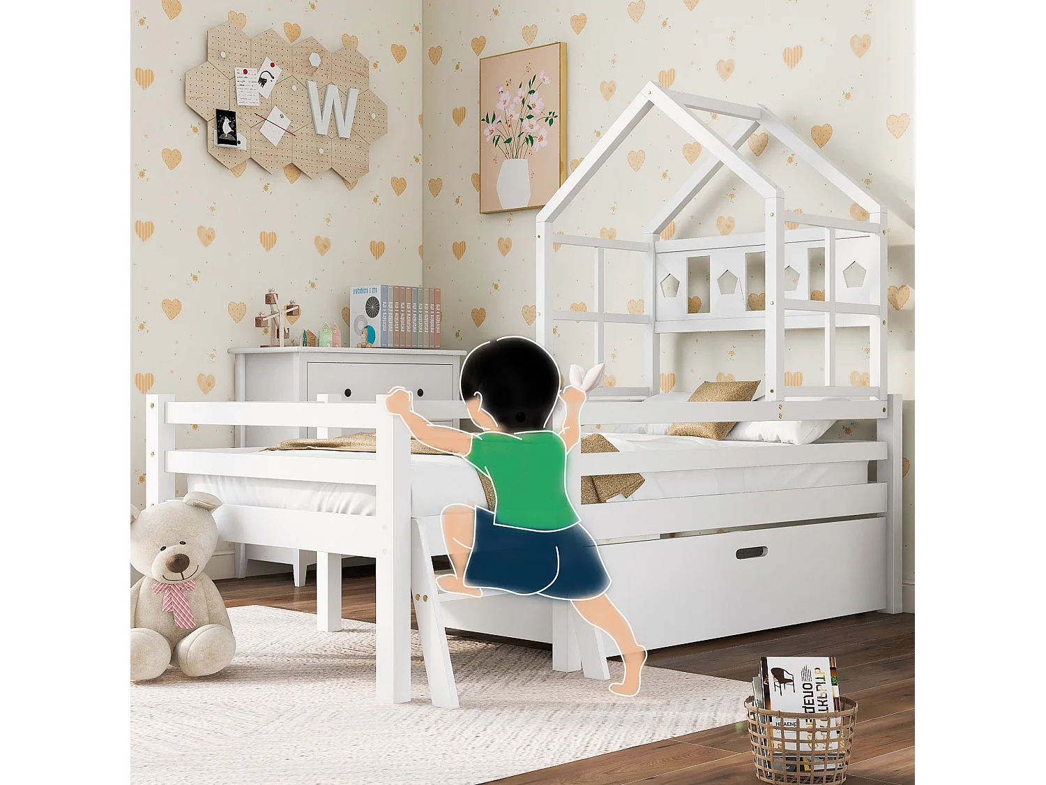 Lit mezzanine pour enfants avec échelle et tiroirs, lit en bois massif avec protection contre les chutes, 90x200 cm, blanc (dimensions : 207x97x159 cm)