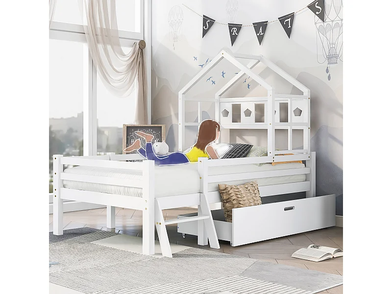 Lit mezzanine pour enfants avec échelle et tiroirs, lit en bois massif avec protection contre les chutes, 90x200 cm, blanc (dimensions : 207x97x159 cm)