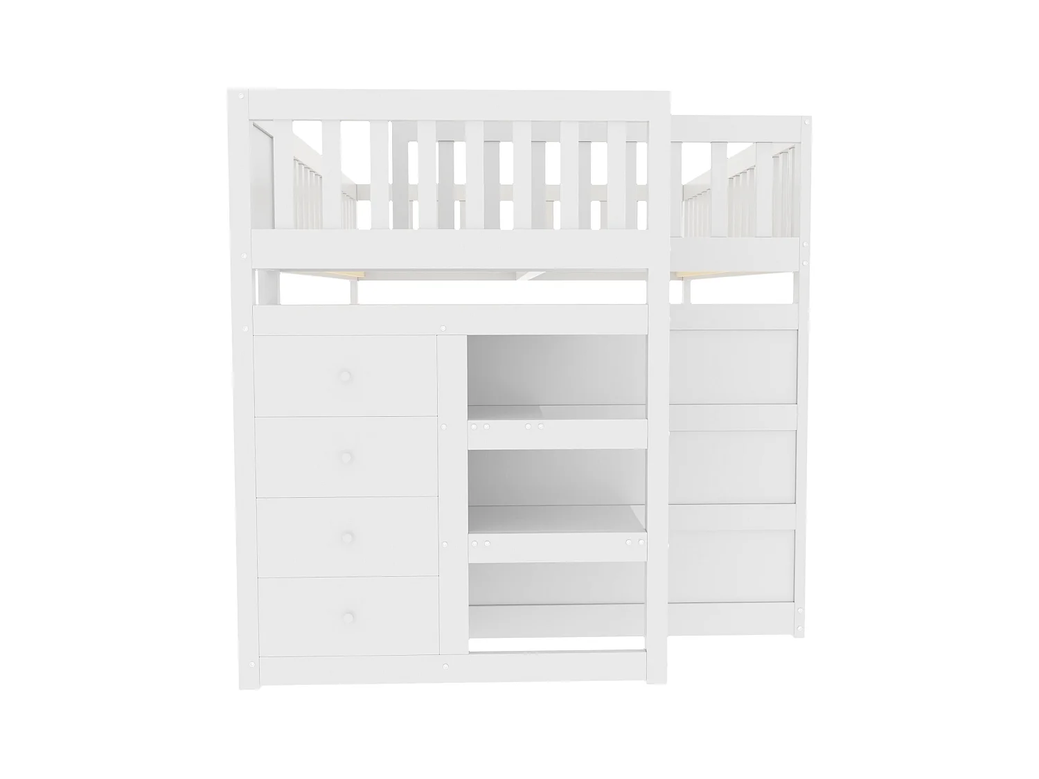 Lit superposé bas 140x200 cm avec rangements, barrière haute sécurisée, bois blanc (247x145x135.5cm)