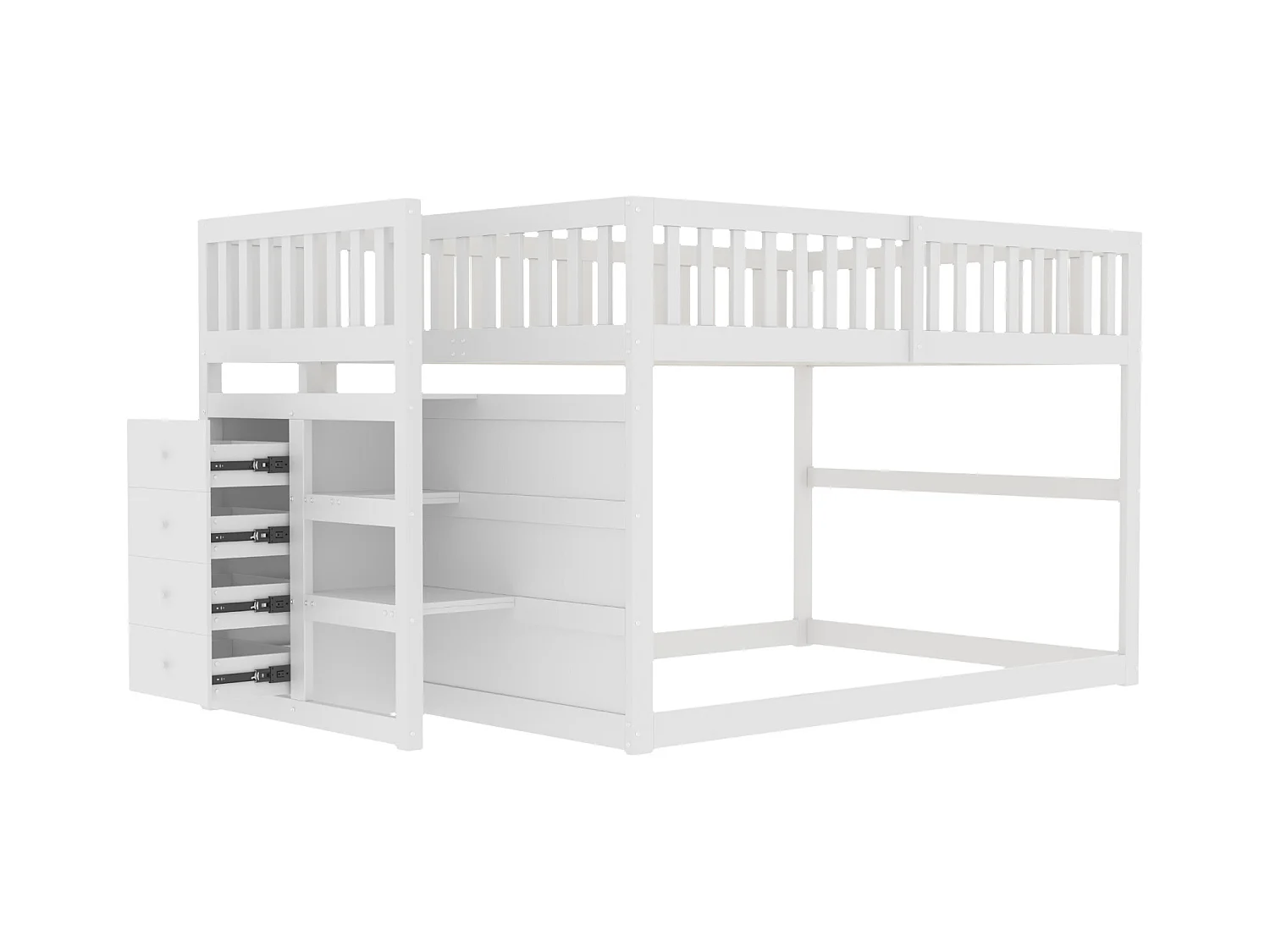 Lit superposé bas 140x200 cm avec rangements, barrière haute sécurisée, bois blanc (247x145x135.5cm)