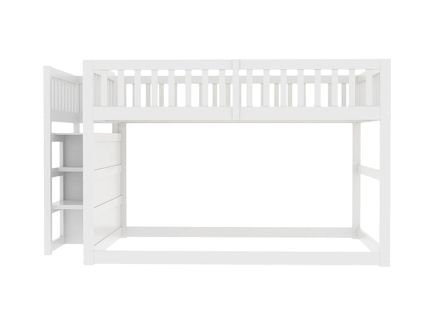 Lit superposé bas 140x200 cm avec rangements, barrière haute sécurisée, bois blanc (247x145x135.5cm)
