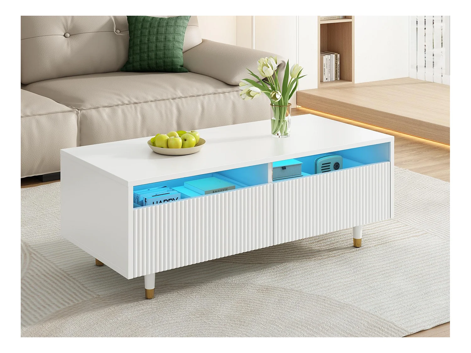 Moderner Couchtisch 110×50×40 cm - mit 2 Schubladen - mit LED-Beleuchtung - MDF - weiß