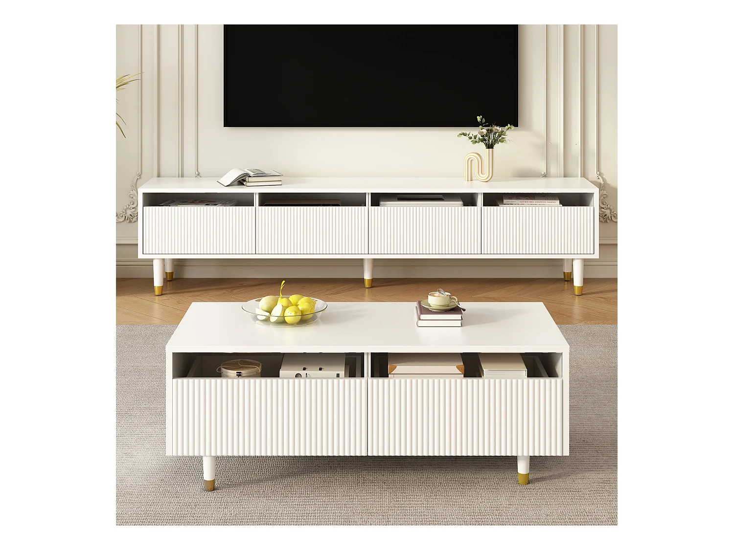 Moderner Couchtisch 110×50×40 cm - mit 2 Schubladen - mit LED-Beleuchtung - MDF - weiß