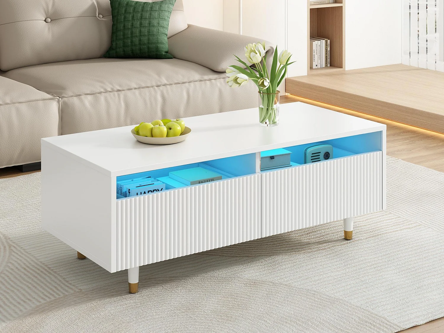 Mesa de centro moderna 110×50×40 cm - com 2 gavetas - com iluminação LED - MDF - branco