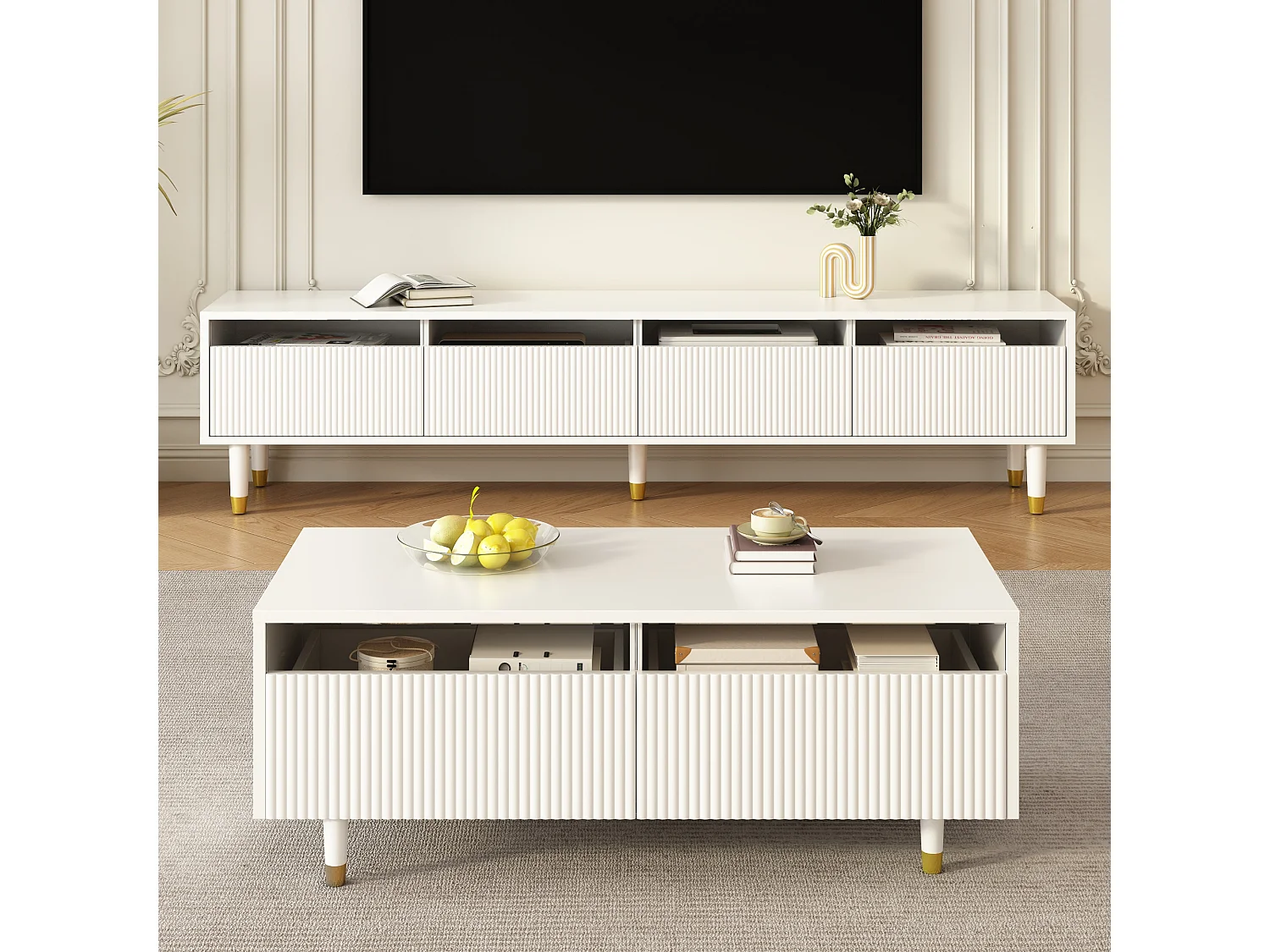 Mesa de centro moderna 110×50×40 cm - com 2 gavetas - com iluminação LED - MDF - branco